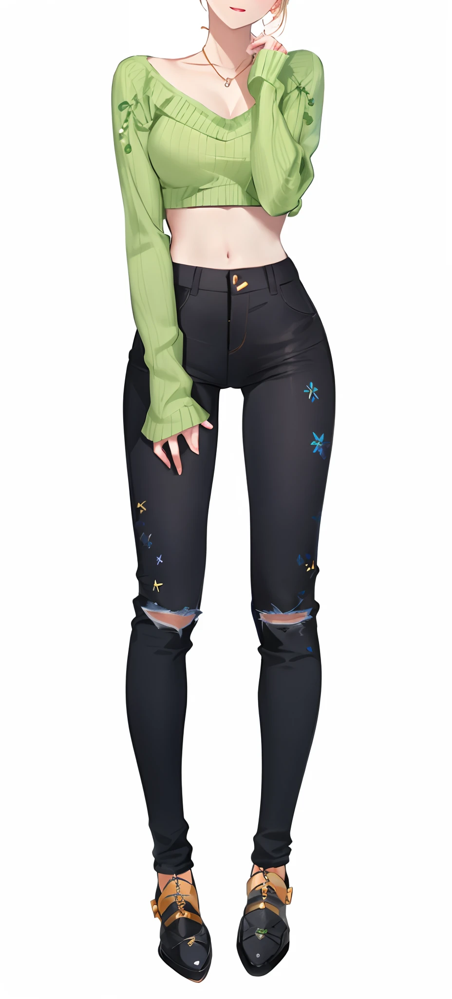 Pubic area is clear，filigree，Green sweater