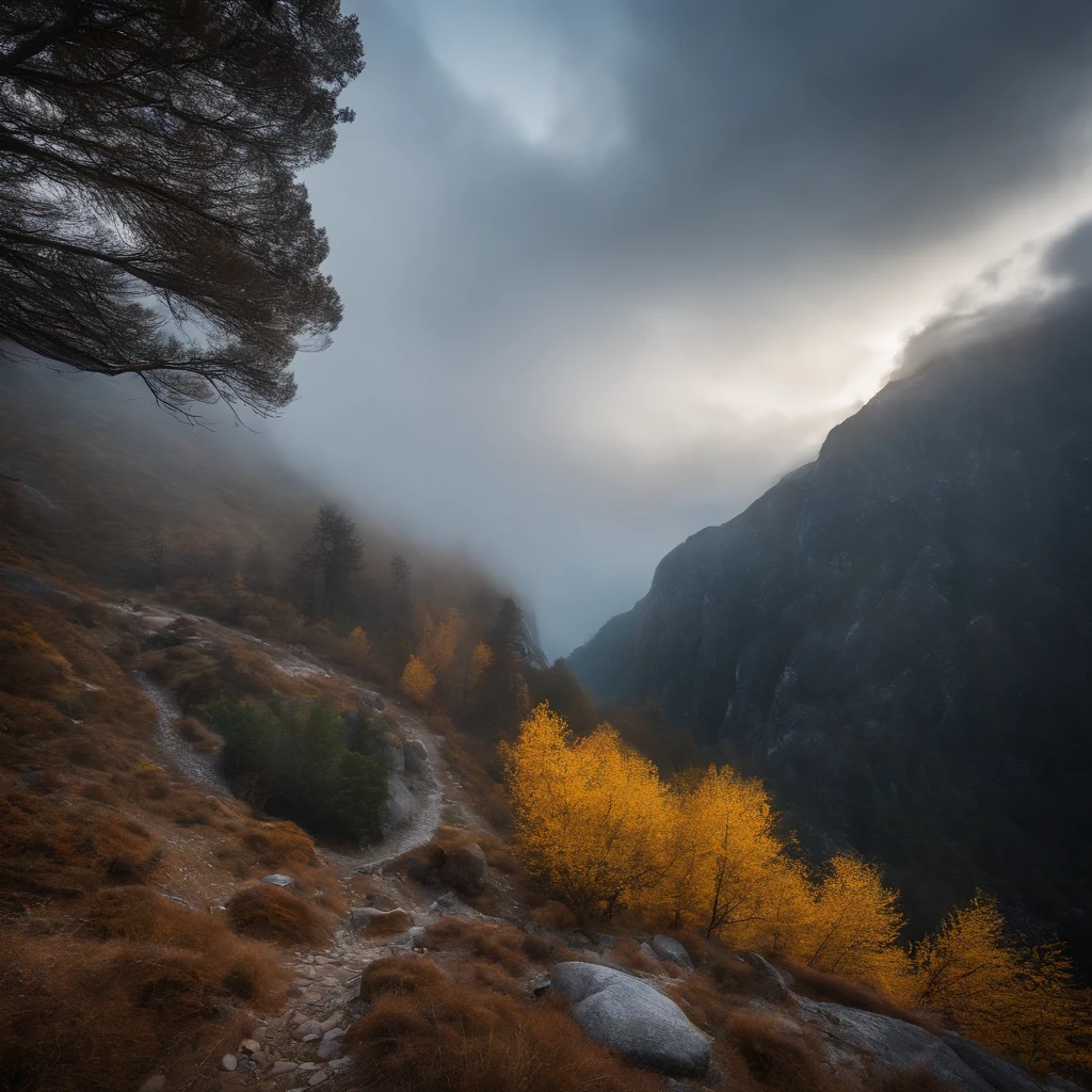 Magnificent view，zori，Foggy vision，Alpine forest landscape photography，Pale sunrise, Majestic mountain，Rugged mountain roads，（Boulders），precipice，Clear and transparent water，Broad field of view，Minimalist，Black-white-cyan-yellow tones，giant tree，bushes，Autumn breeze leaves fall，desolated，Aloneness，Cold，foggy sky，Not dazzling morning sun，Nightmare vision，Dark fantasy plot，Perfect and excellent composition，8K分辨率，the detail，limitations，Close-up ultra-wide angle shot，Cool background，Jack Guzman's environmental art photography，realisticlying，cinematic compositions，，vividness, A detailed, stunning skies,Colorful clouds float，true to life, Pubic area is clear, flawless perfection, Digital SLR, 1024, 2048, 4096, A detailed, Sharp, best qualtiy, high qulity, absurderes，unmanned background，The is very detailed、Detailed lighting shadows，Trends on ArtStation、iintricate、high detal、dramatics、（Volumetriclighting：1.2）hdr shot。（Close-up，Super deep view，ultra-wide-angle，Microfocal length lens：1.2）（realisticlying：1.4）tmasterpiece、high high quality、Beautiful photography，globalillumination
