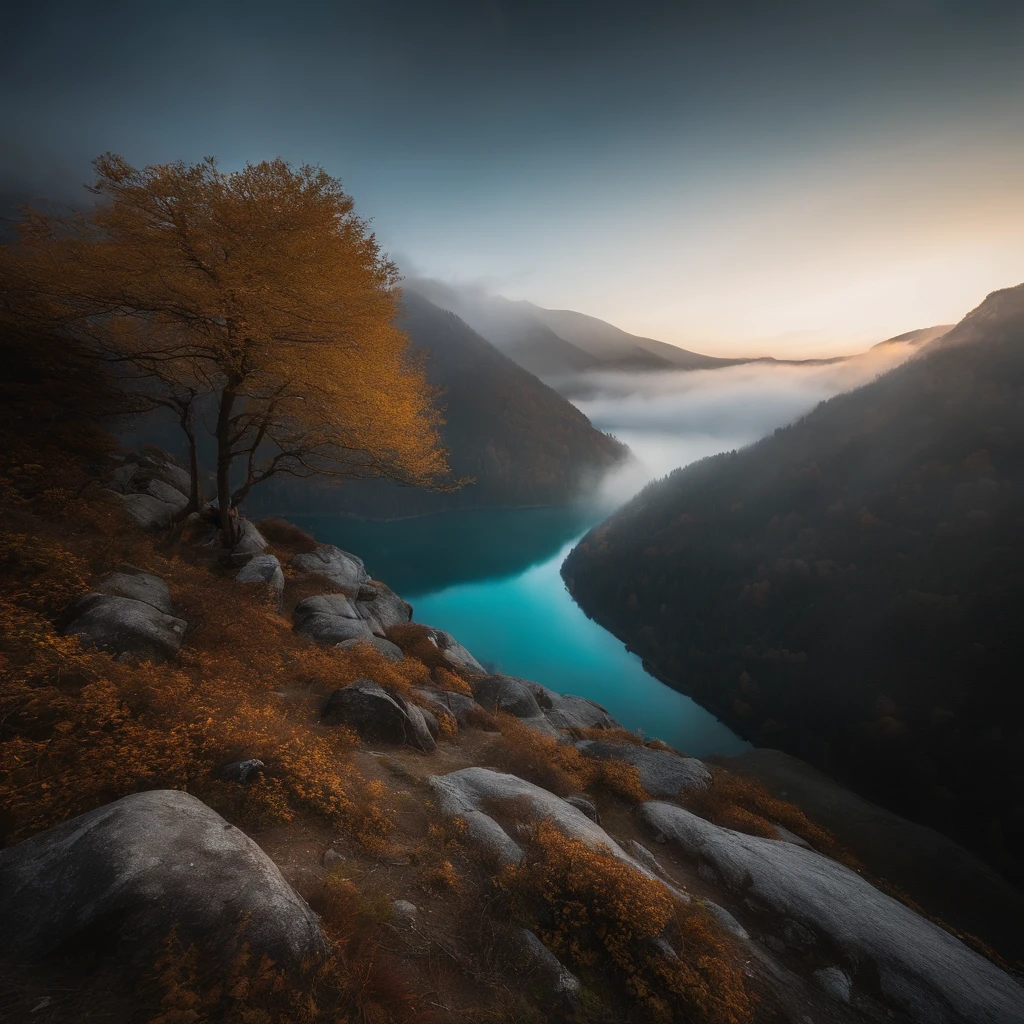 Magnificent view,zori,Foggy vision,Alpine forest landscape photography,Pale sunrise, Majestic mountain,Rugged mountain roads,(Boulders),precipice,Clear and transparent water,Broad field of view,Minimalist,Black-white-cyan-yellow tones,giant tree,bushes,Autumn breeze leaves fall,desolated,Aloneness,Cold,foggy sky,Not dazzling morning sun,Nightmare vision,Dark fantasy plot,Perfect and excellent composition,8K分辨率,the detail,limitations,Close-up ultra-wide angle shot,Cool background,Jack Guzman's environmental art photography,realisticlying,cinematic compositions,,vividness, A detailed, stunning skies,Colorful clouds float,true to life, Pubic area is clear, flawless perfection, Digital SLR, 1024, 2048, 4096, A detailed, Sharp, best qualtiy, high qulity, absurderes,unmanned background,The is very detailed、Detailed lighting shadows,Trends on ArtStation、iintricate、high detal、dramatics、(Volumetriclighting:1.2)hdr shot。(Close-up,Super deep view,ultra-wide-angle,Microfocal length lens:1.2)(realisticlying:1.4)tmasterpiece、high high quality、Beautiful photography,globalillumination