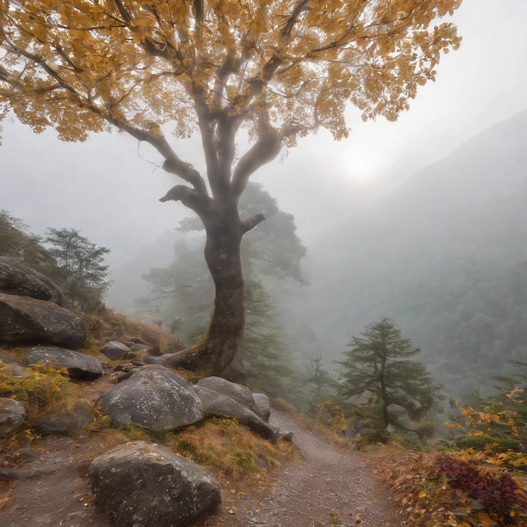 Magnificent view，zori，Foggy vision，Alpine forest landscape photography，Pale sunrise, Majestic mountain，Rugged mountain roads，（Boulders），precipice，Clear and transparent water，Broad field of view，Minimalist，Black-white-cyan-yellow tones，giant tree，bushes，Autumn breeze leaves fall，desolated，Aloneness，Cold，foggy sky，Not dazzling morning sun，Nightmare vision，Dark fantasy plot，Perfect and excellent composition，8K分辨率，the detail，limitations，Close-up ultra-wide angle shot，Cool background，Jack Guzman's environmental art photography，realisticlying，cinematic compositions，，vividness, A detailed, stunning skies,Colorful clouds float，true to life, Pubic area is clear, flawless perfection, Digital SLR, 1024, 2048, 4096, A detailed, Sharp, best qualtiy, high qulity, absurderes，unmanned background，The is very detailed、Detailed lighting shadows，Trends on ArtStation、iintricate、high detal、dramatics、（Volumetriclighting：1.2）hdr shot。（Close-up，Super deep view，ultra-wide-angle，Microfocal length lens：1.2）（realisticlying：1.4）tmasterpiece、high high quality、Beautiful photography，globalillumination