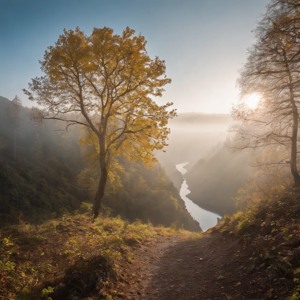 Magnificent view,zori,Foggy vision,Alpine forest landscape photography,Pale sunrise, Majestic mountain,Rugged mountain roads,(Boulders),precipice,Clear and transparent water,Broad field of view,Minimalist,Black-white-cyan-yellow tones,giant tree,bushes,Autumn breeze leaves fall,desolated,Aloneness,Cold,foggy sky,Not dazzling morning sun,Nightmare vision,Dark fantasy plot,Perfect and excellent composition,8K分辨率,the detail,limitations,Close-up ultra-wide angle shot,Cool background,Jack Guzman's environmental art photography,realisticlying,cinematic compositions,,vividness, A detailed, stunning skies,Colorful clouds float,true to life, Pubic area is clear, flawless perfection, Digital SLR, 1024, 2048, 4096, A detailed, Sharp, best qualtiy, high qulity, absurderes,unmanned background,The is very detailed、Detailed lighting shadows,Trends on ArtStation、iintricate、high detal、dramatics、(Volumetriclighting:1.2)hdr shot。(Close-up,Super deep view,ultra-wide-angle,Microfocal length lens:1.2)(realisticlying:1.4)tmasterpiece、high high quality、Beautiful photography,globalillumination