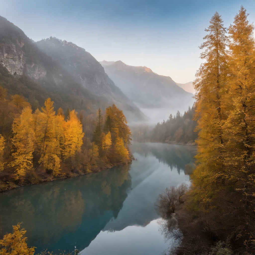 Magnificent view，zori，Foggy vision，Alpine forest landscape photography，Pale sunrise, Majestic mountain，Rugged mountain roads，（Boulders），precipice，Clear and transparent water，Broad field of view，Minimalist，Black-white-cyan-yellow tones，giant tree，bushes，Autumn breeze leaves fall，desolated，Aloneness，Cold，foggy sky，Not dazzling morning sun，Nightmare vision，Dark fantasy plot，Perfect and excellent composition，8K分辨率，the detail，limitations，Close-up ultra-wide angle shot，Cool background，Jack Guzman's environmental art photography，realisticlying，cinematic compositions，，vividness, A detailed, stunning skies,Colorful clouds float，true to life, Pubic area is clear, flawless perfection, Digital SLR, 1024, 2048, 4096, A detailed, Sharp, best qualtiy, high qulity, absurderes，unmanned background，The is very detailed、Detailed lighting shadows，Trends on ArtStation、iintricate、high detal、dramatics、（Volumetriclighting：1.2）hdr shot。（Close-up，Super deep view，ultra-wide-angle，Microfocal length lens：1.2）（realisticlying：1.4）tmasterpiece、high high quality、Beautiful photography，globalillumination