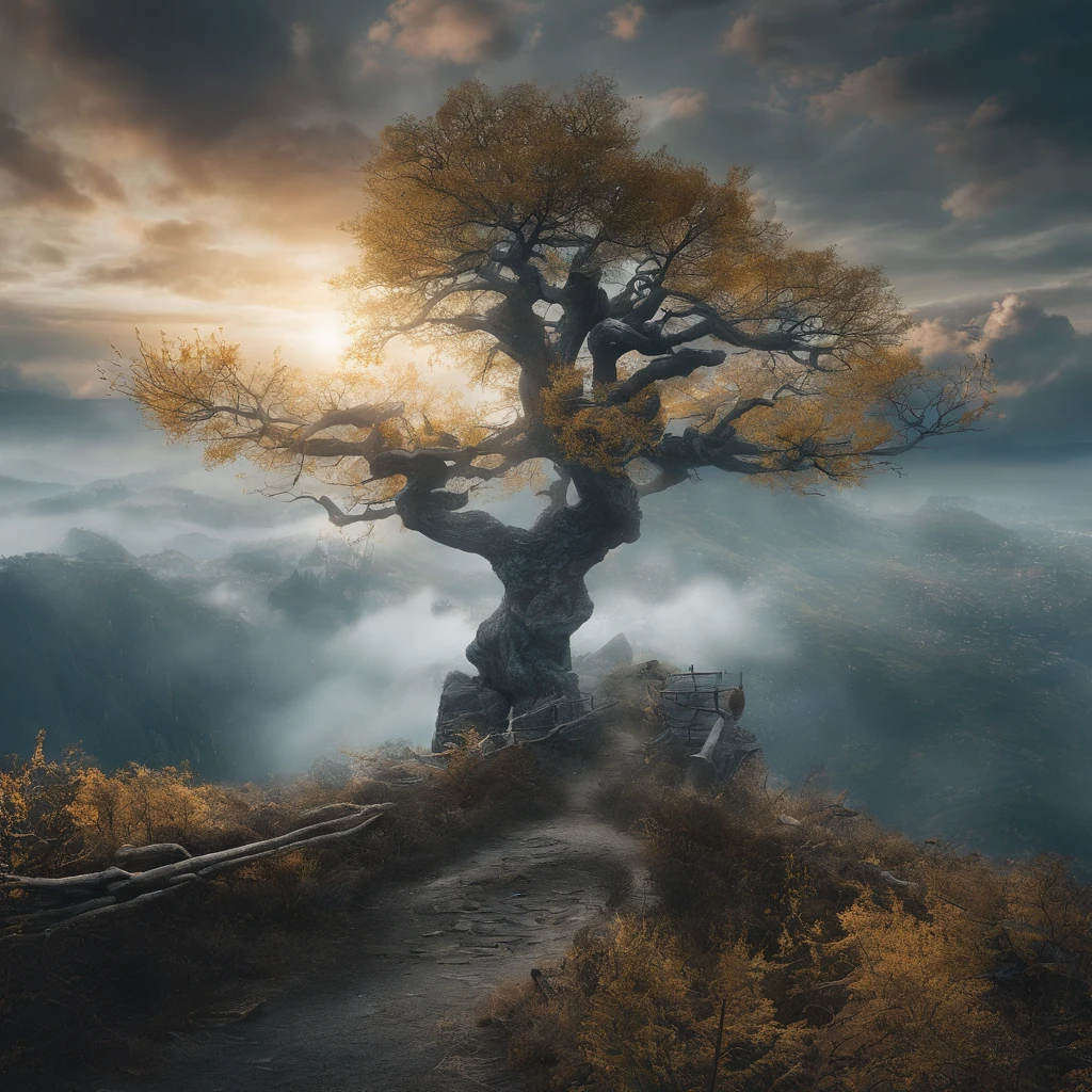 Magnificent view，zori，Foggy vision，Alpine forest landscape photography，Pale sunrise, Majestic mountain，Rugged mountain roads，（Boulders），precipice，Clear and transparent water，Broad field of view，Minimalist，Black-white-cyan-yellow tones，giant tree，bushes，Autumn breeze leaves fall，desolated，Aloneness，Cold，foggy sky，Not dazzling morning sun，Nightmare vision，Dark fantasy plot，Perfect and excellent composition，8K分辨率，the detail，limitations，Close-up ultra-wide angle shot，Cool background，Jack Guzman's environmental art photography，realisticlying，cinematic compositions，，vividness, A detailed, stunning skies,Colorful clouds float，true to life, Pubic area is clear, flawless perfection, Digital SLR, 1024, 2048, 4096, A detailed, Sharp, best qualtiy, high qulity, absurderes，unmanned background，The is very detailed、Detailed lighting shadows，Trends on ArtStation、iintricate、high detal、dramatics、（Volumetriclighting：1.2）hdr shot。（Close-up，Super deep view，ultra-wide-angle，Microfocal length lens：1.2）（realisticlying：1.4）tmasterpiece、high high quality、Beautiful photography，globalillumination