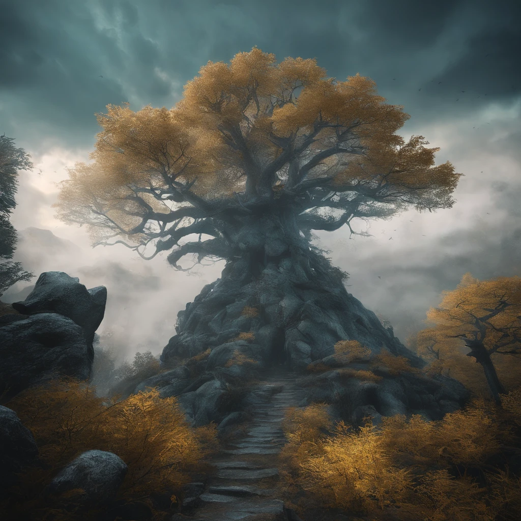 Magnificent view,zori,Foggy vision,Alpine forest landscape photography,Pale sunrise, Majestic mountain,Rugged mountain roads,(Boulders),precipice,Clear and transparent water,Broad field of view,Minimalist,Black-white-cyan-yellow tones,giant tree,bushes,Autumn breeze leaves fall,desolated,Aloneness,Cold,foggy sky,Not dazzling morning sun,Nightmare vision,Dark fantasy plot,Perfect and excellent composition,8K分辨率,the detail,limitations,Close-up ultra-wide angle shot,Cool background,Jack Guzman's environmental art photography,realisticlying,cinematic compositions,,vividness, A detailed, stunning skies,Colorful clouds float,true to life, Pubic area is clear, flawless perfection, Digital SLR, 1024, 2048, 4096, A detailed, Sharp, best qualtiy, high qulity, absurderes,unmanned background,The is very detailed、Detailed lighting shadows,Trends on ArtStation、iintricate、high detal、dramatics、(Volumetriclighting:1.2)hdr shot。(Close-up,Super deep view,ultra-wide-angle,Microfocal length lens:1.2)(realisticlying:1.4)tmasterpiece、high high quality、Beautiful photography,globalillumination