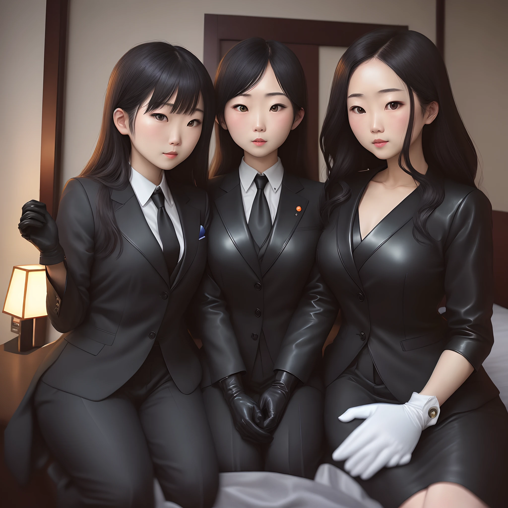 Black shirts, men's three-piece suits, wearing black leather gloves in both hands, Japanese girls, dark hotel rooms