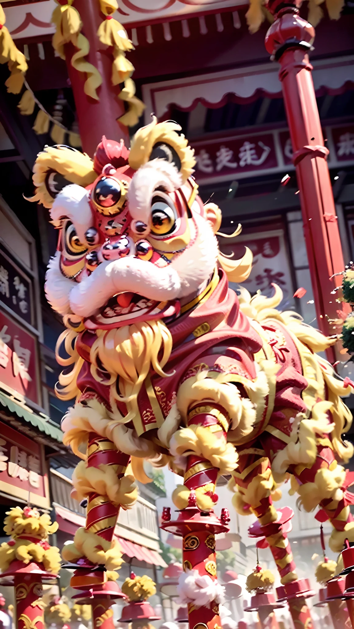 tmasterpiece，best qualtiy，highest  quality，ultra - detailed，Best resolution，8K，CG，illustration，National style，Oriental Ancient Street，Mighty and domineering lion，Big-headed lion，Oriental lion dance，Impossible clothes，boisterous，bustle，jubilation，The sound of firecrackers，Anime effects，the detail，ultra - detailed，High-definition drawing