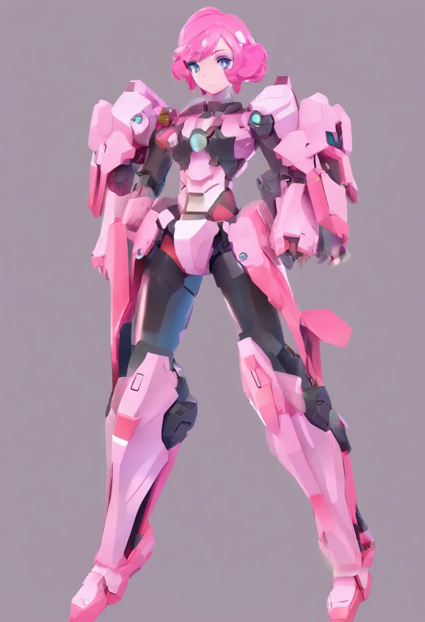 Mecha girl, beautiful detailed eyes, pink lips, short pink hair, pink mecha body, glowing pink eyes, petite girl, front and side character design sheet, anime girl, arcane hand-painted artstyle, vibrant colors, soft lighting