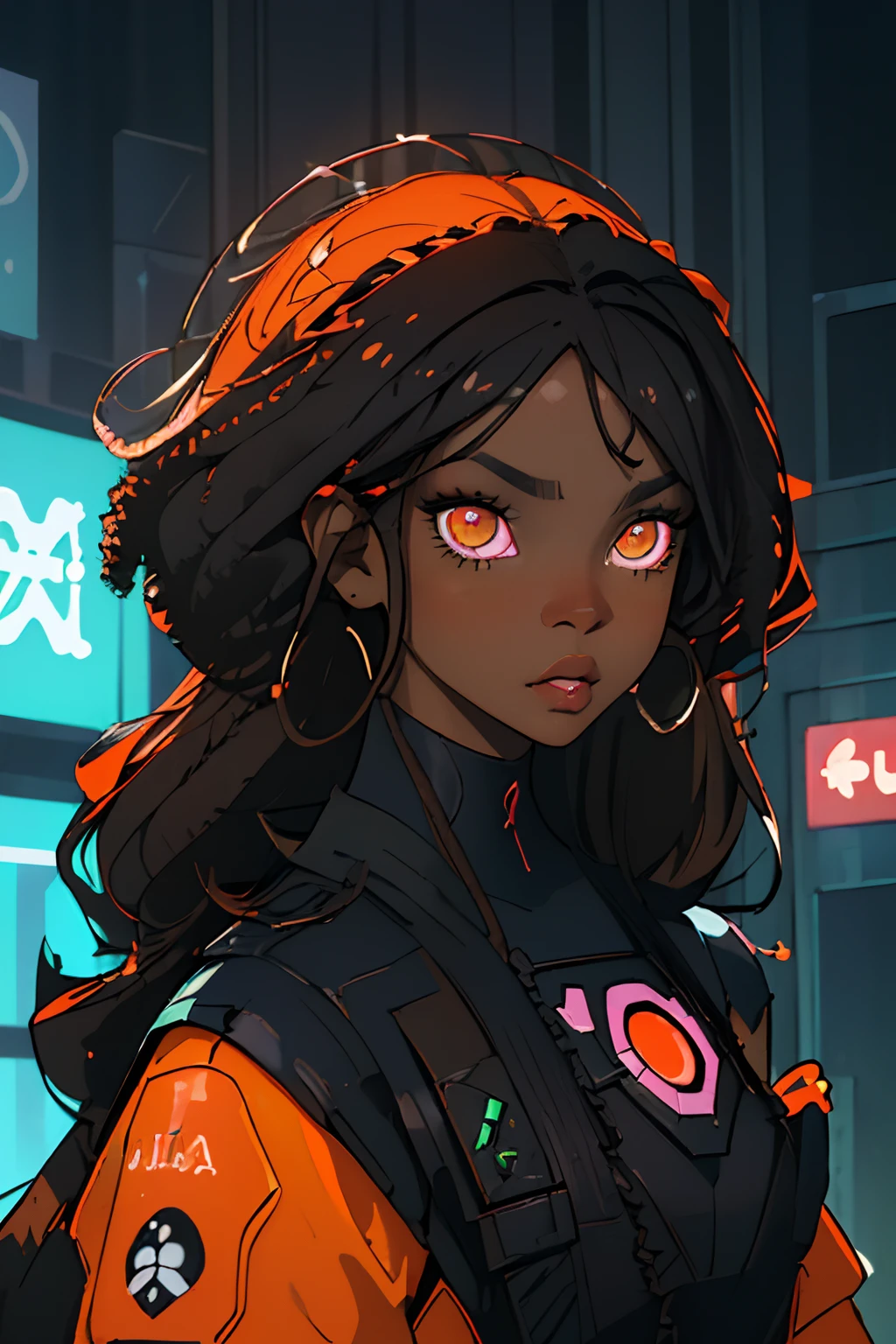 (melhor qualidade, obra-prima1.2) (black skin shade afro Africa: 1.2 ), (olho detalhado: 1.2 orange and roza coloration), detalhe complexo, profundidade de campo, 1girl, cidade, cyberpunk, neon, luzes neon, noite, lua,