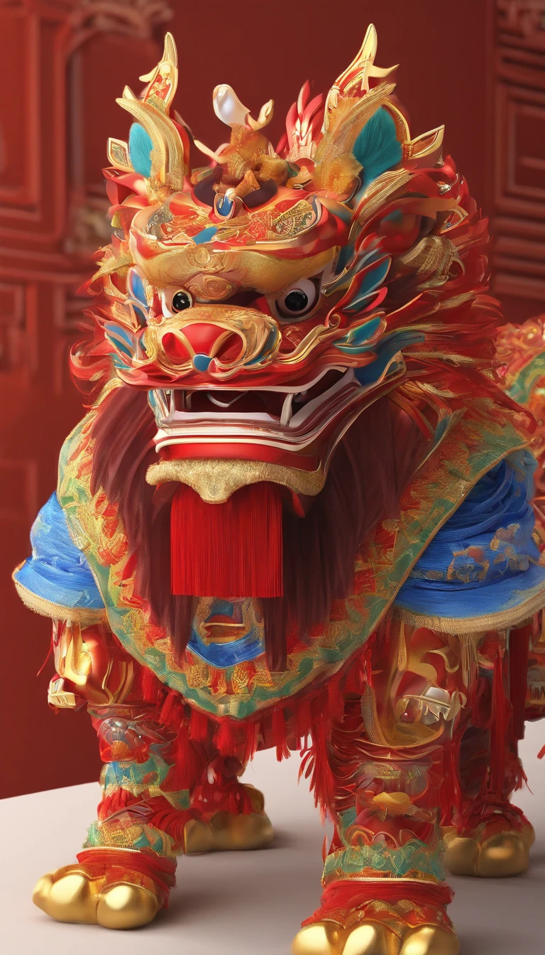 Traditional Chinese culture，1girll，lion dance，Awaken the lion，characteristic，The facial features are delicate and beautiful，The black and red lion head is worn on the head，Dance the lion's head dance with both hands，jubilation，The lion's eyes sparkled，