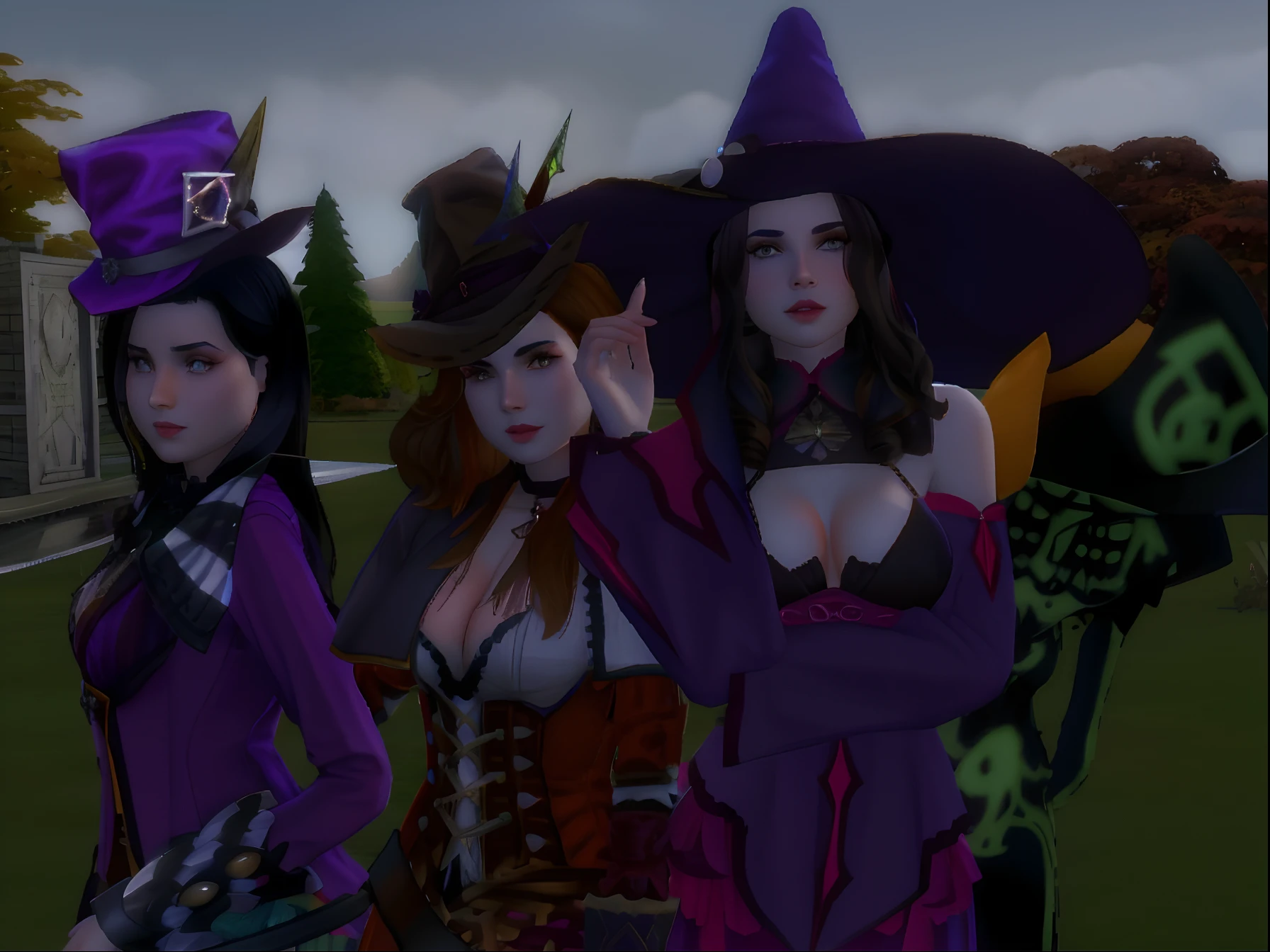 Three women dressed in costumes and hats standing in a field, O Conselho das Cadelas Assustadoras, pose de spellcasting, Bruxas, wearing a witch's hat, Scarry mas enfeitiçando, O Munster em segundo plano, menacingly!, Linha de reis em segundo plano, Witchy, pose sinistra, casting an evil spell, vestes roxas, roupas de bruxa