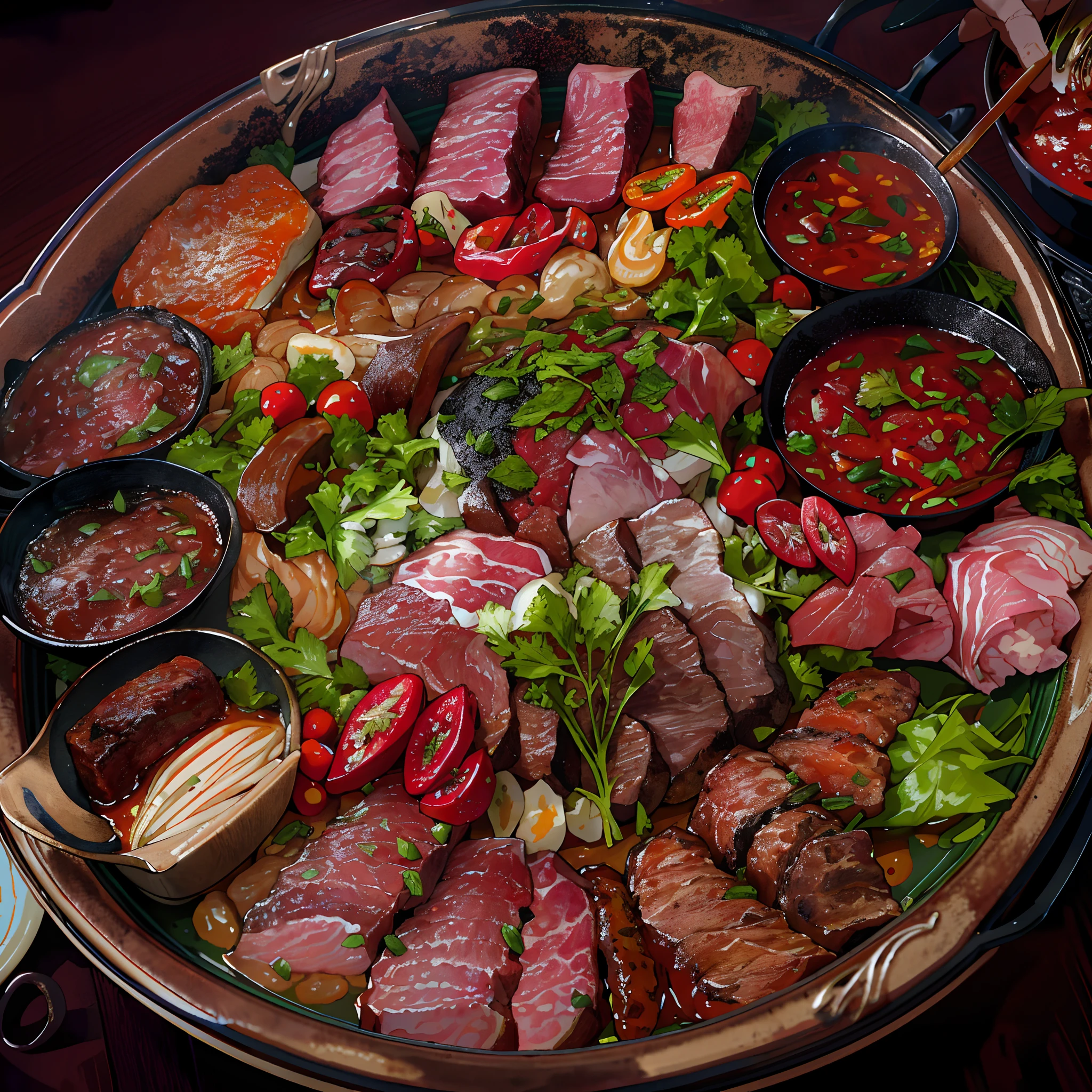 Alafid meats and vegetables are served on plates with sauces and other foods, Masterpiece works of art, closeup at the food, bowl filled with food, delicacy, feast, on a wooden tray, very tasty, a wide full shot, on a wooden plate, highly detailed composition, Meat, Sauce, Meaty, Korean, Verdure, author:Joe Bowler