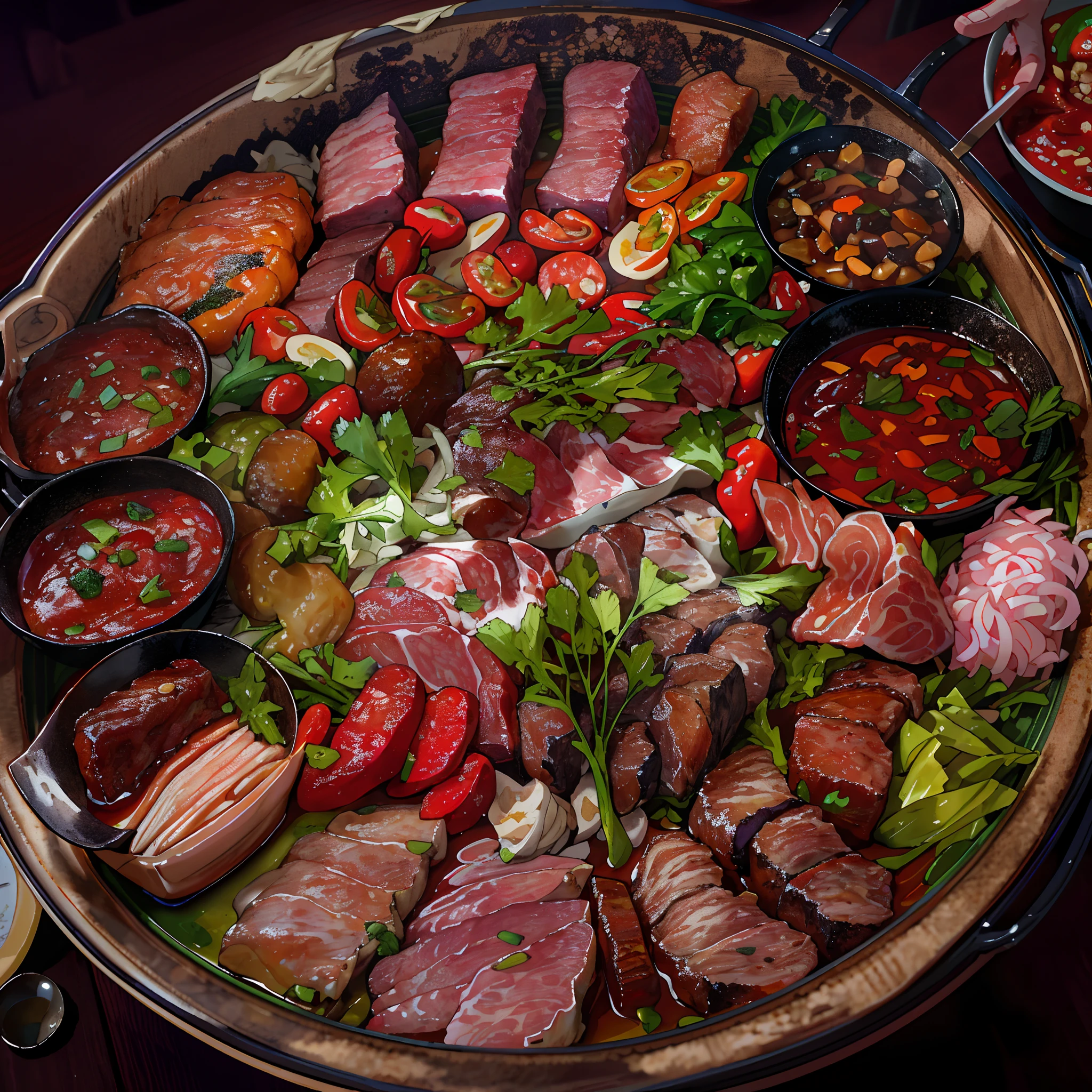 Alafid meats and vegetables are served on plates with sauces and other foods, Masterpiece works of art, closeup at the food, bowl filled with food, delicacy, feast, on a wooden tray, very tasty, a wide full shot, on a wooden plate, highly detailed composition, Meat, Sauce, Meaty, Korean, Verdure, author:Joe Bowler