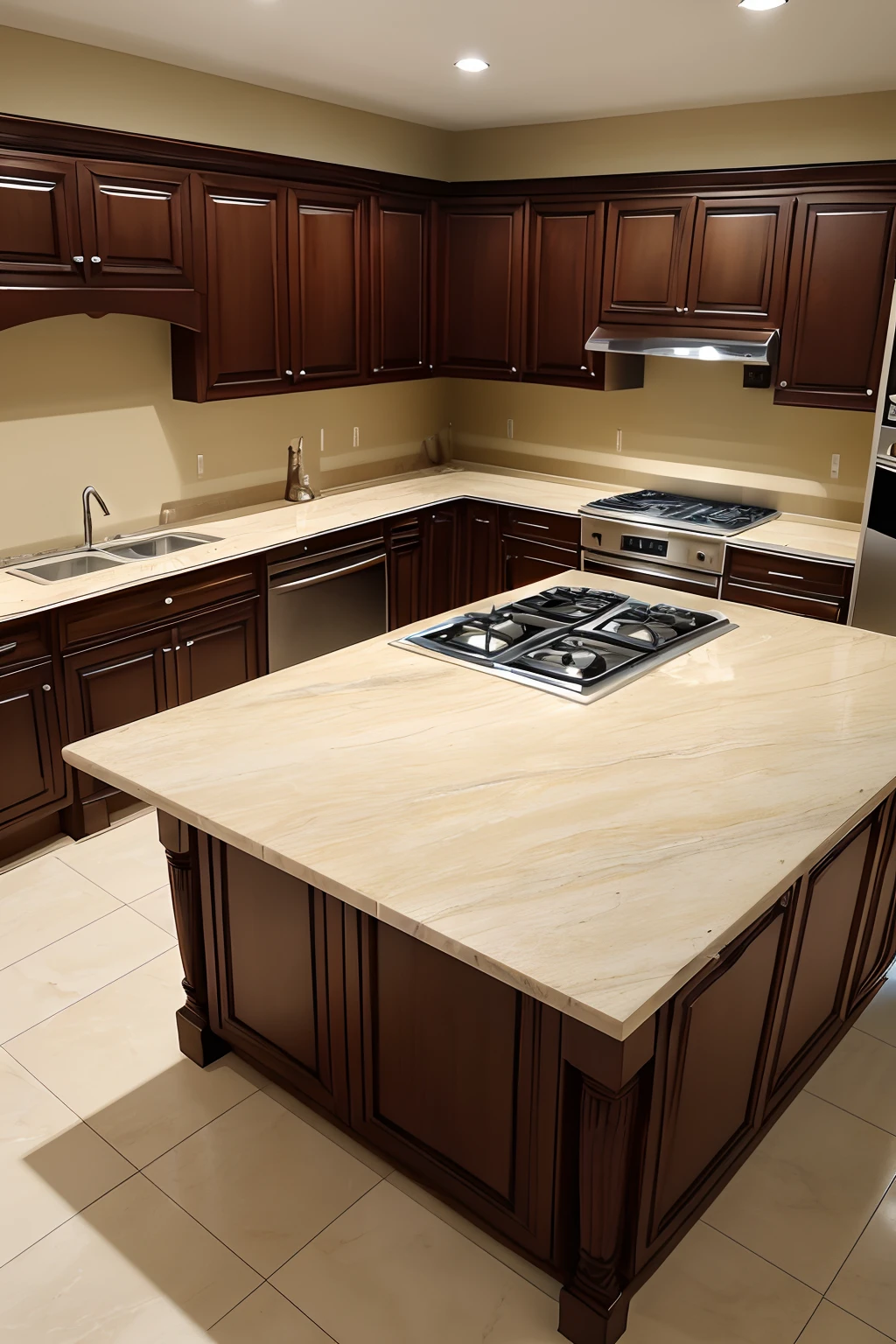 There is a kitchen with a large island and sink, old kitchen backdrop angled view, house kitchen on a sunny day, real estate photography, luxury bespoke kitchen design, interior photography, interior design photography, kitchen counter, brown wood cabinets, wood cabinets, characteristic, clean and pristine design, polish mansion kitchen, pristine and clean design, professional unique master piece