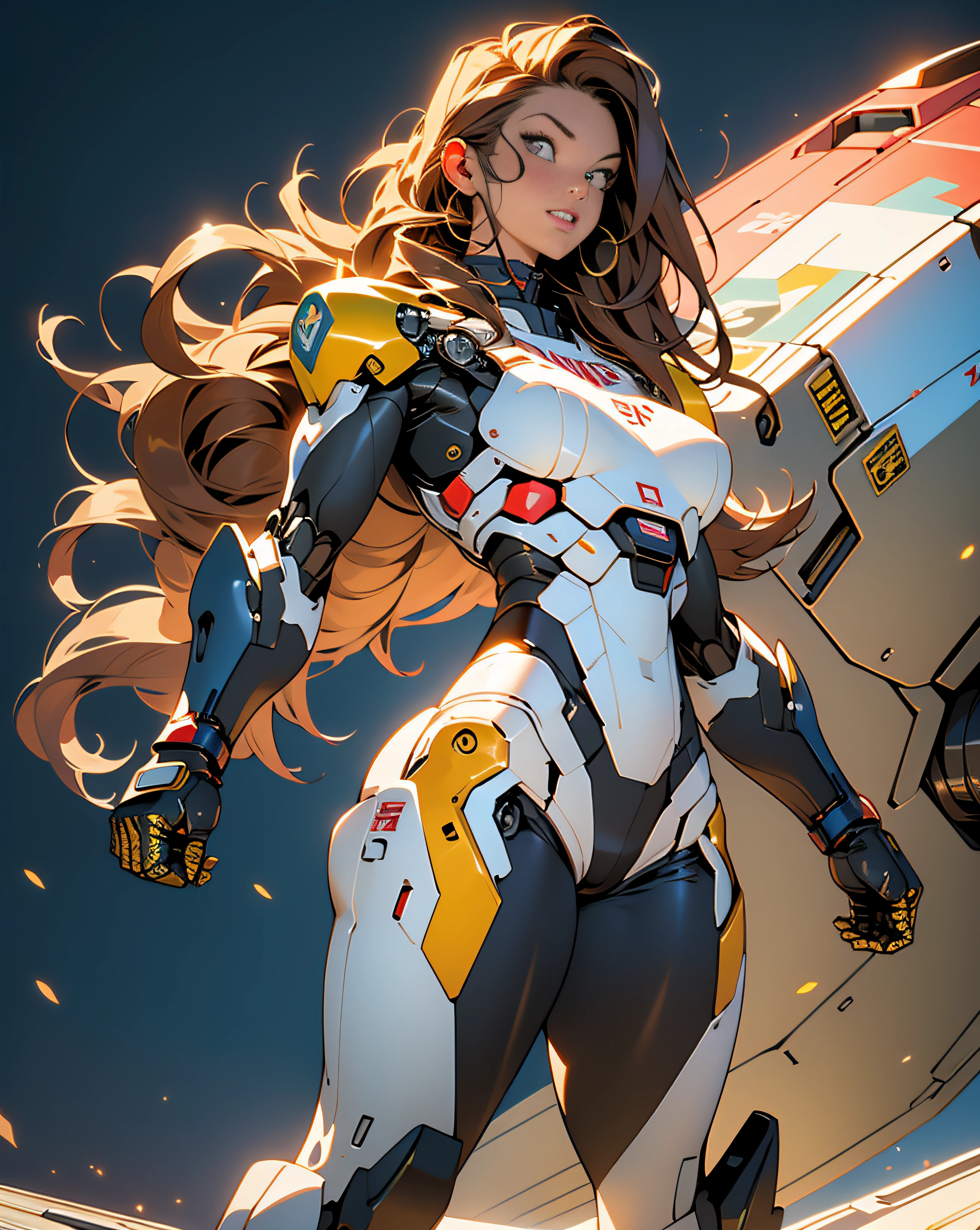 ((Best quality)), ((masterpiece)), (detailed: 1.4), (Absurd), (((full body)), (((woman))), 35-year-old woman, Beautiful muscular woman, giant robot pilot, wild with perfect body, wearing little clothing, tiny thong, clothing with Japanese graphic patterns, halftone pattern and vertical stripes, yellow gold, coming out of the body of a giant robot