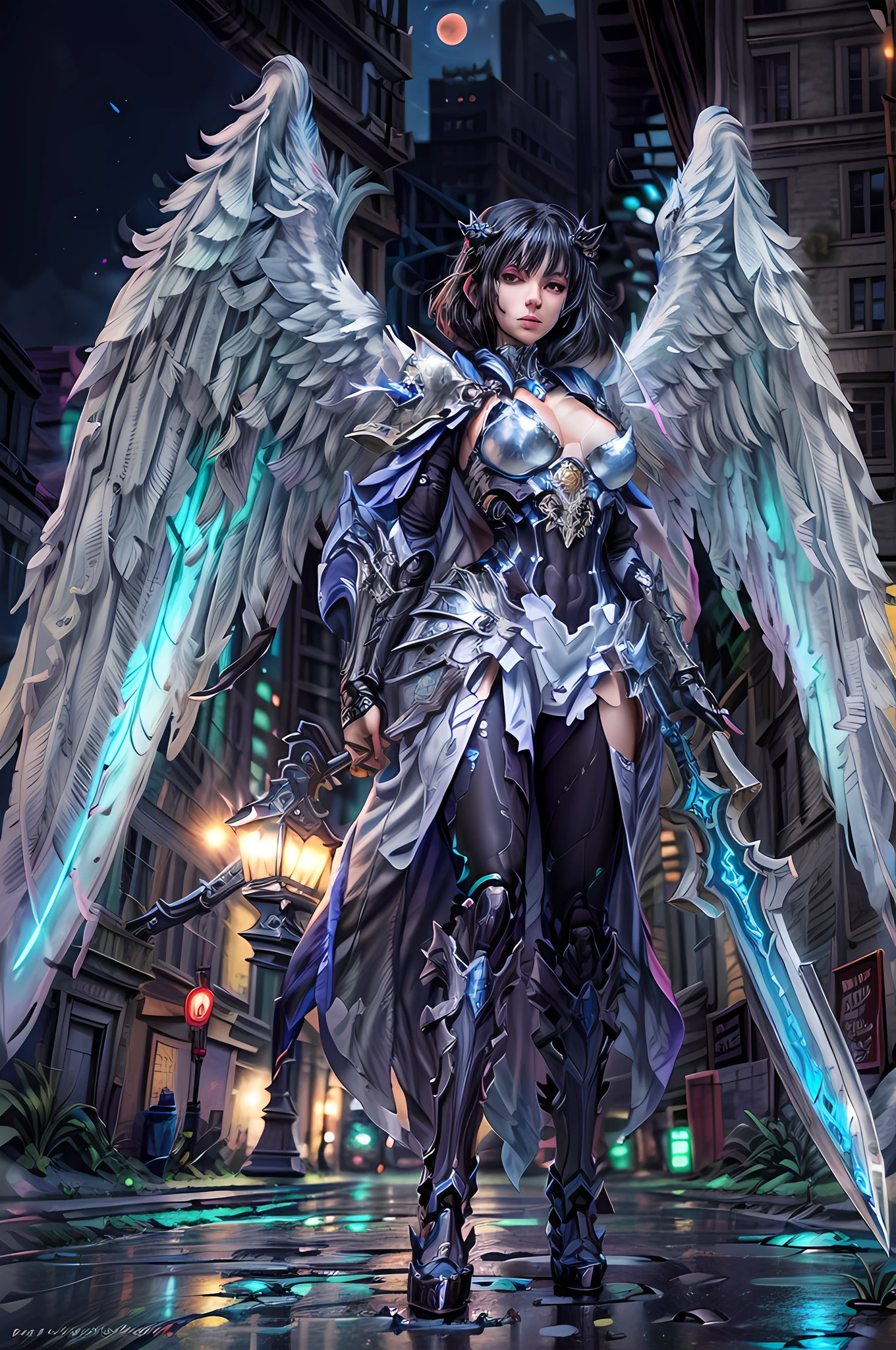a picture of  a female angel mecha girl, walking in a fantasy urban street at night, full body, an extremely beautiful female mecha angel, dynamic angle (ultra detailed, Masterpiece, best quality), ultra detailed face (ultra detailed, Masterpiece, best quality), ultra feminine,  black hair, short hair, dynamic eyes color, angel_wings spread white angelic mechanical wings, (wearing silver armor: 1.40, blue cloak, fantasysword armed with sword  walking in a fantasy setting street, night time, red moon, stars  high details, best quality, 16k, [ultra detailed], masterpiece, best quality, (ultra detailed), full body, ultra wide shot, photorealism, fantasy art, RPG art