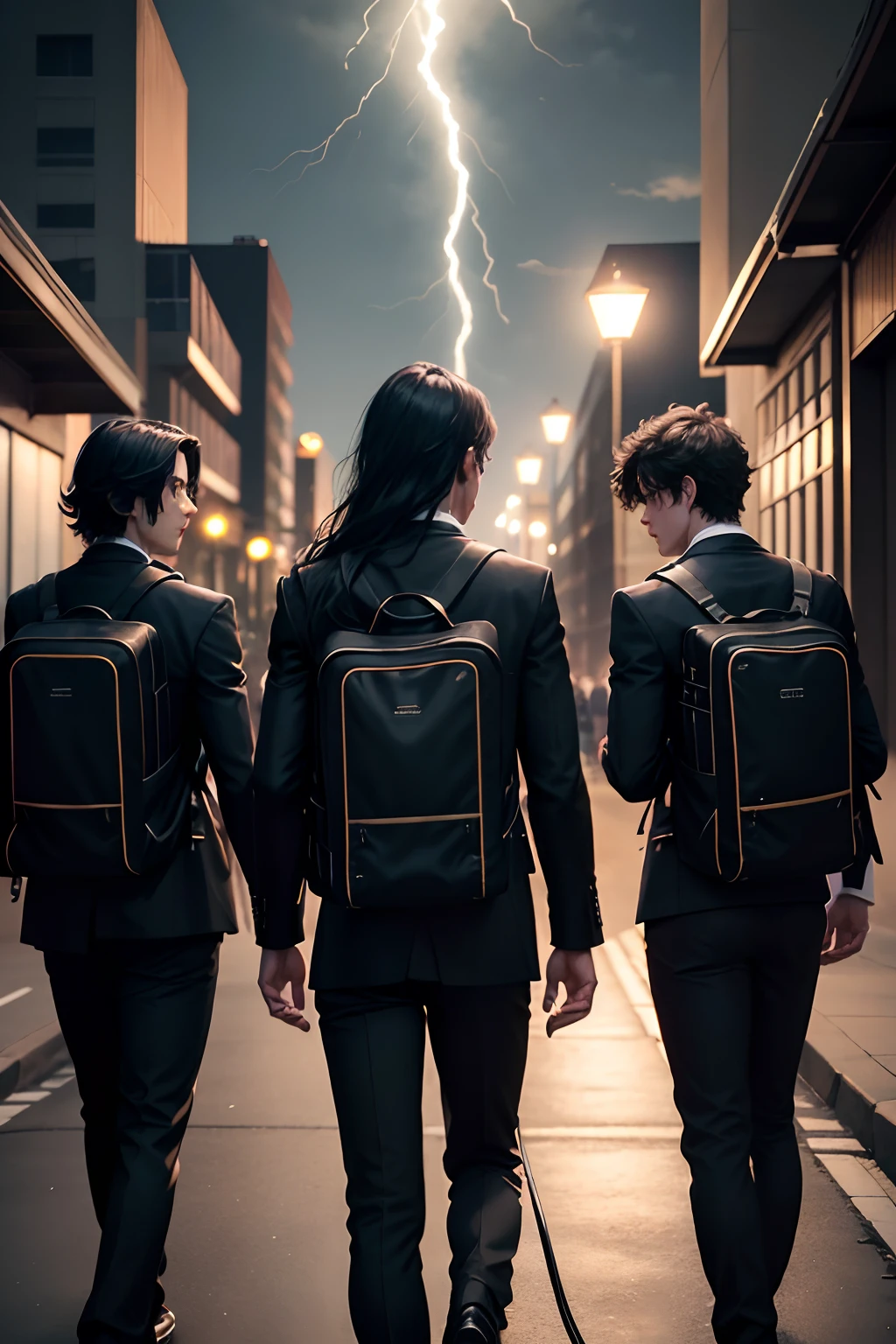 4 handsome boys, In the dark，Anime, Dynamic lighting, school ground, poster for, voluminetric lighting, Back Shadow，8K Ultra, All body, Awarded, In the dark, deepshadow, low tune, cowboy lens, long whitr hair, Black hair, Super realistic,Band members，Walk the road on campus with an electric guitar on your back