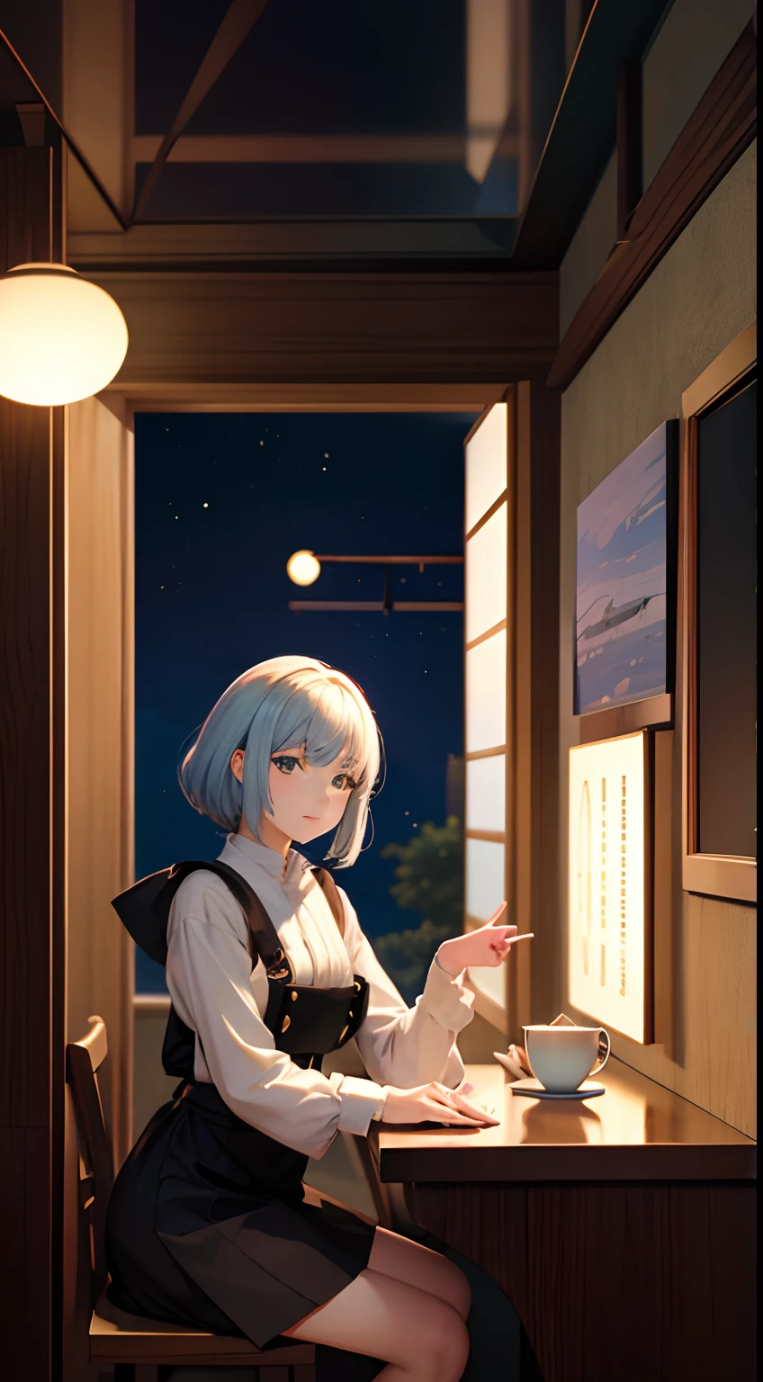 Charles Doyle, Johannes Kepler, Japanese anime surreal mysterious bizarre sci-fi fantasy moon sinking to the bottom of a cup cafe counter, a girl sitting at the counter, hyperdetailed high resolution high definition high quality masterpiece