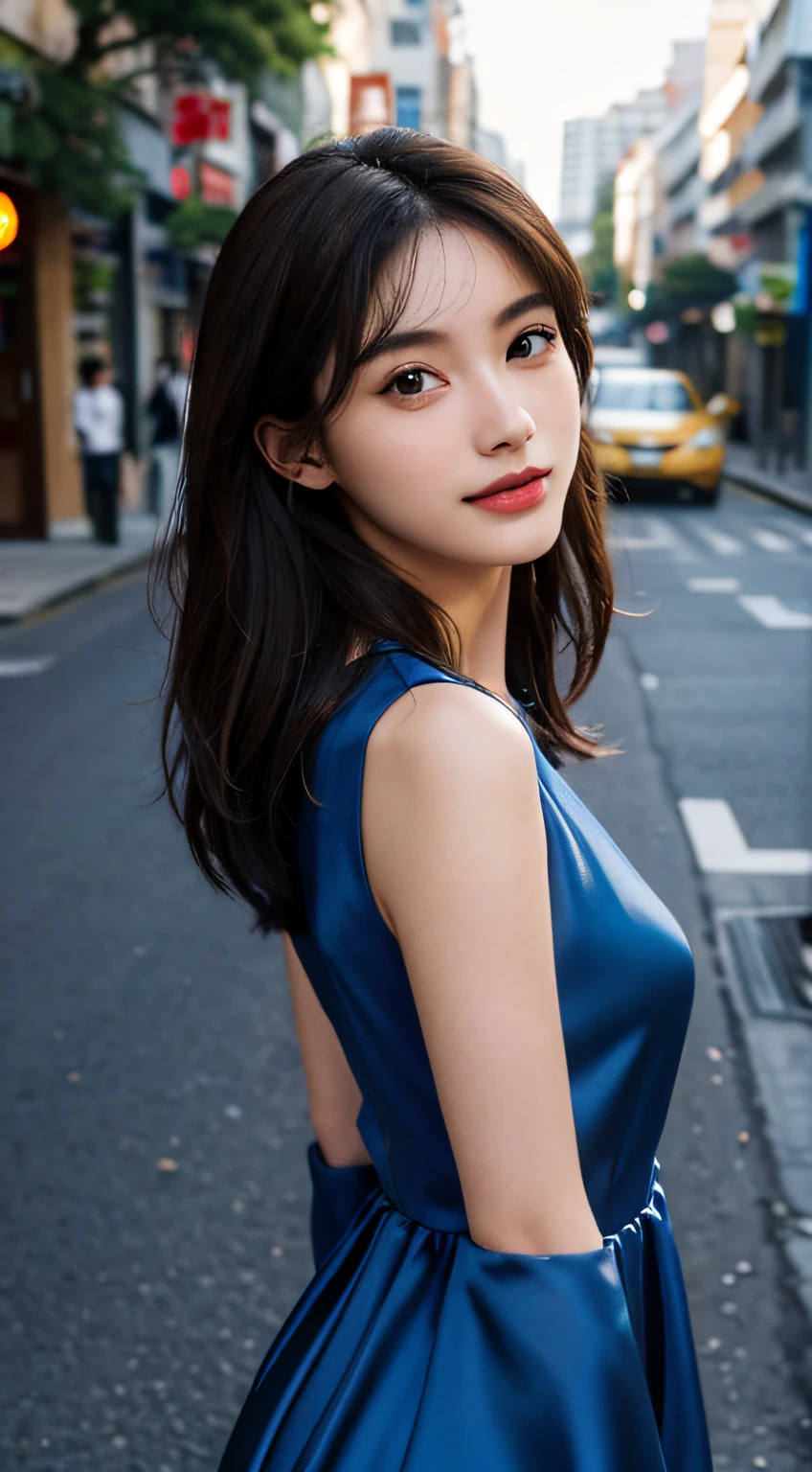((best qualtiy,8k,tmasterpiece:1.3)), 1girll, ssmile, full bodyesbian, Slim Faces, Beautiful woman, (dark brown hair), full length dress :1.1, Super detailed face, Detailed eyes, 二重まぶた, blur backgroun, Slim Faces, 城市, do lado de fora, the street,The face is delicate,Exquisite details