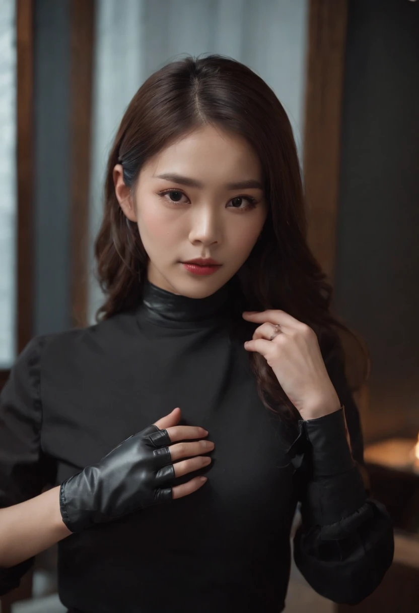 Black shirts, men's three-piece suits, wearing black leather gloves in both hands, Japanese girls, dark hotel rooms