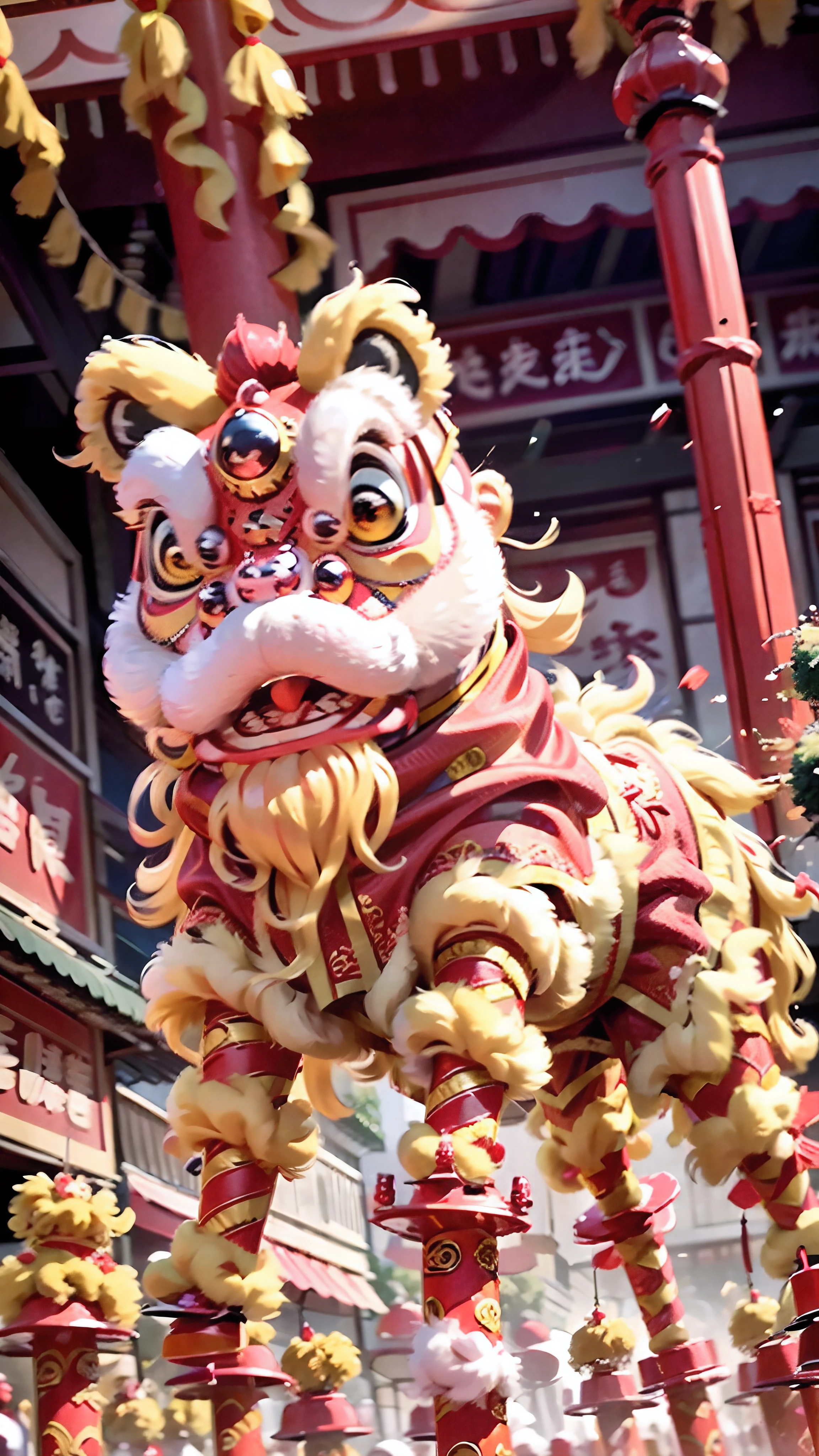 tmasterpiece，best qualtiy，highest  quality，ultra - detailed，Best resolution，8K，CG，illustration，National style，Oriental Ancient Street，Mighty and domineering lion，Big-headed lion，Oriental lion dance，Impossible clothes，boisterous，bustle，jubilation，The sound of firecrackers，Anime effects，the detail，ultra - detailed，High-definition drawing