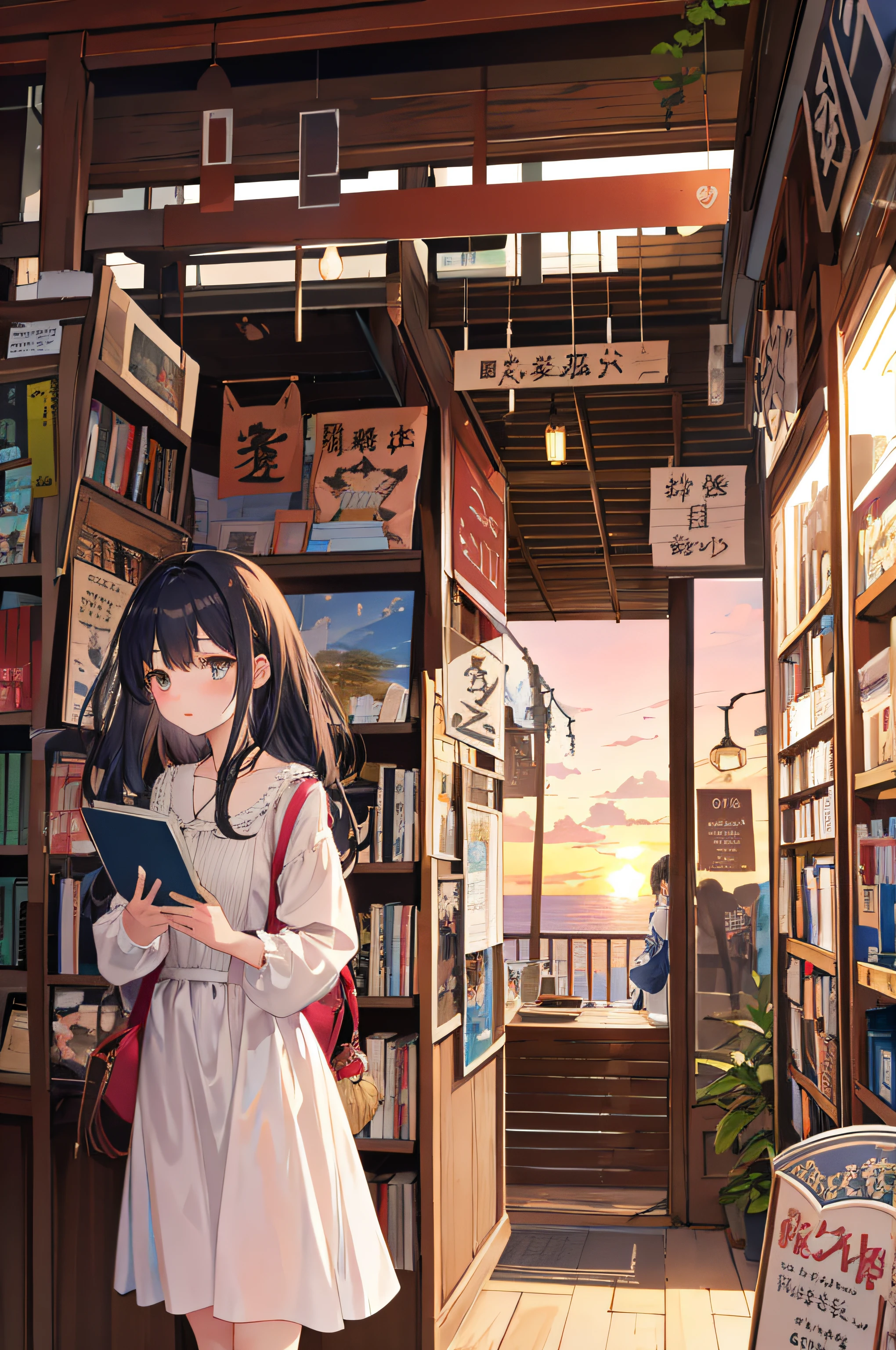 Generate a scenic image of a coastal town during a beautiful sunset. In the foreground, inside a charming vintage bookstore, showcase Sakura(Female), a young woman in her early twenties with long, chestnut hair and expressive hazel eyes. She's wearing a white, flowy summer dress and holding a leather-bound sketchbook. Her expression is one of surprised curiosity as she discovers an old, handwritten letter with elegant calligraphy inside the bookstore. The warm hues of the sunset cast a soft glow over everything.