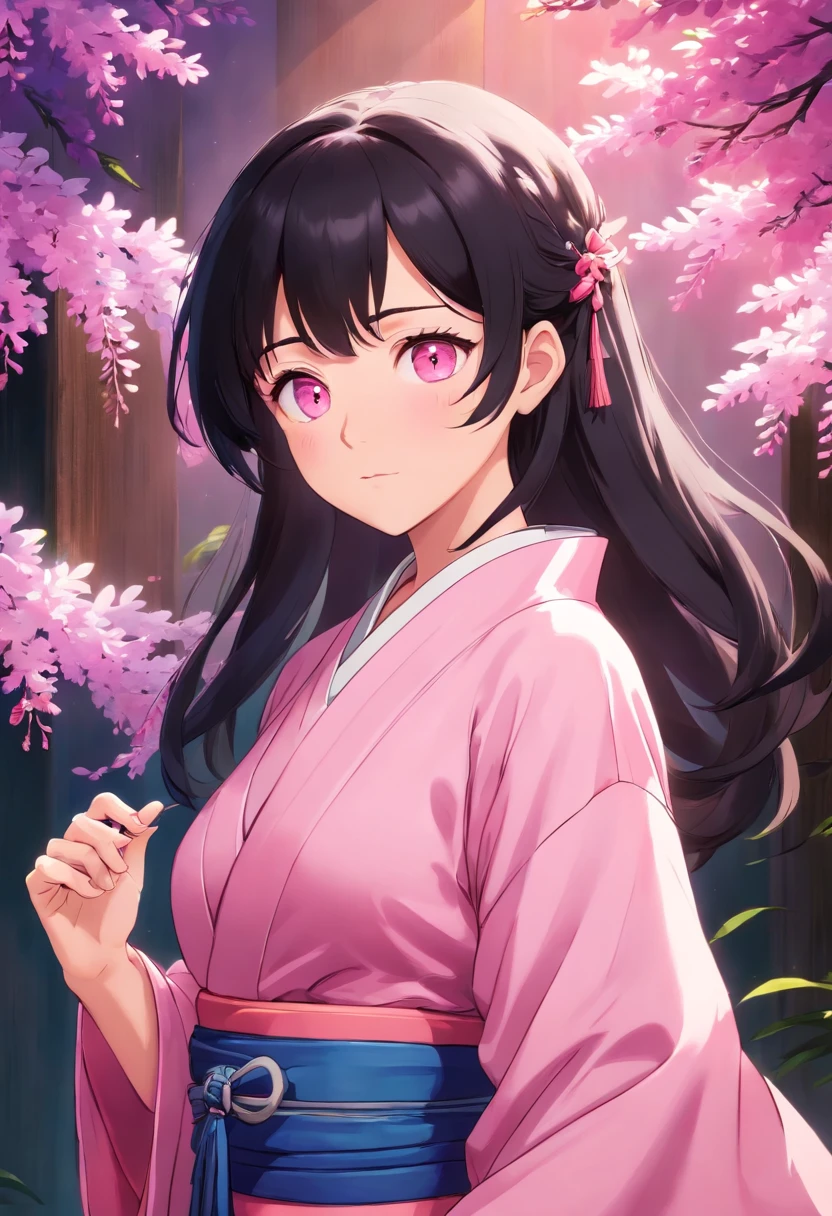 masterpiece, (pink kimono), seductive face, good lighting, cleavage, fine detail, masterpiece, glowing eyes, 1girl, black hair, sucking, nezuko kamado, wisteria background, masterpiece, best quality, pov,,