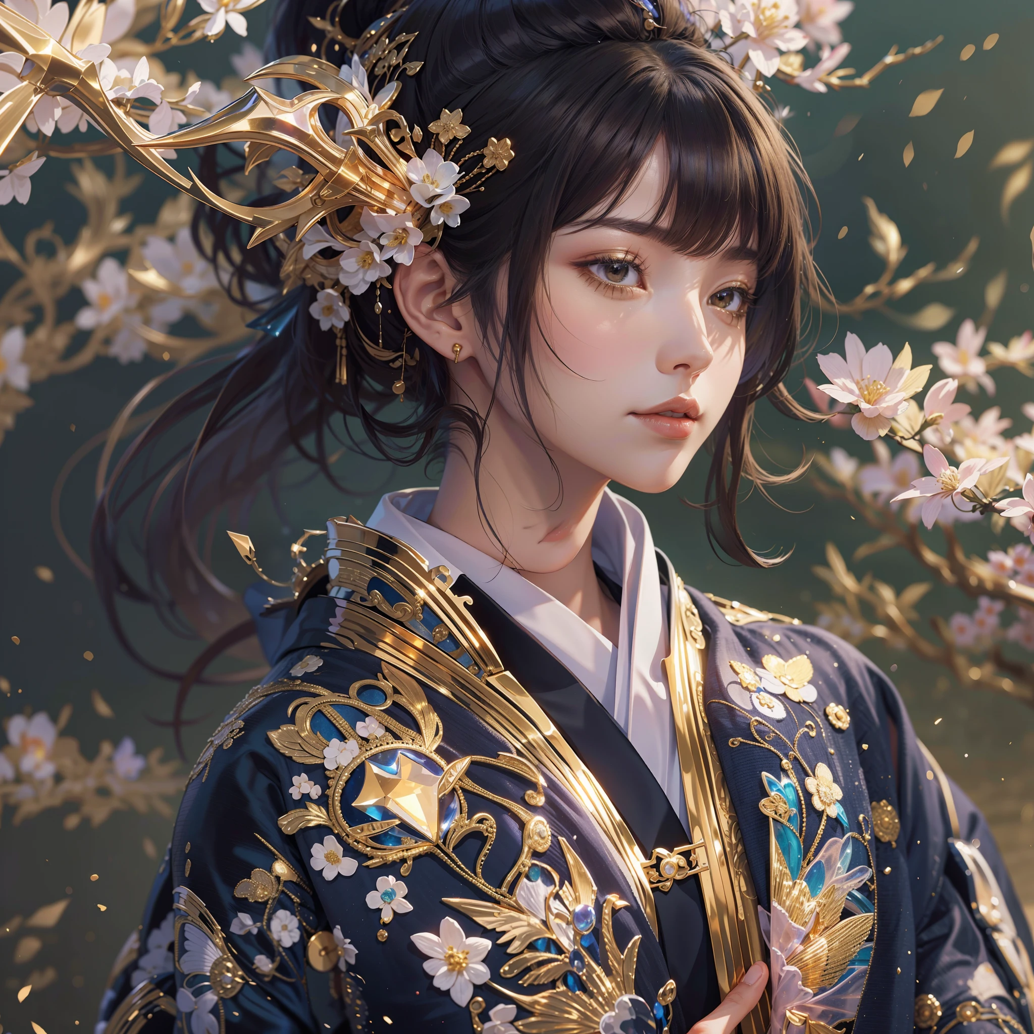 a moon、Detailed background((ancient city:1.2),Detailed starry sky background),glossy dark hair,Ponytail BREAK,elaborate costume{Luxury kimono(Colorful kimono(Detailed golden embroidery,))}、face perfect,Japanese Idol(actress),Depict a beautiful and graceful woman of Japan。Heart in the eye。 Wallpaper 8K, .Blur the background with a sickle,((masutepiece)), ((Best Quality)),{{a portrait photo of}},full body Esbian