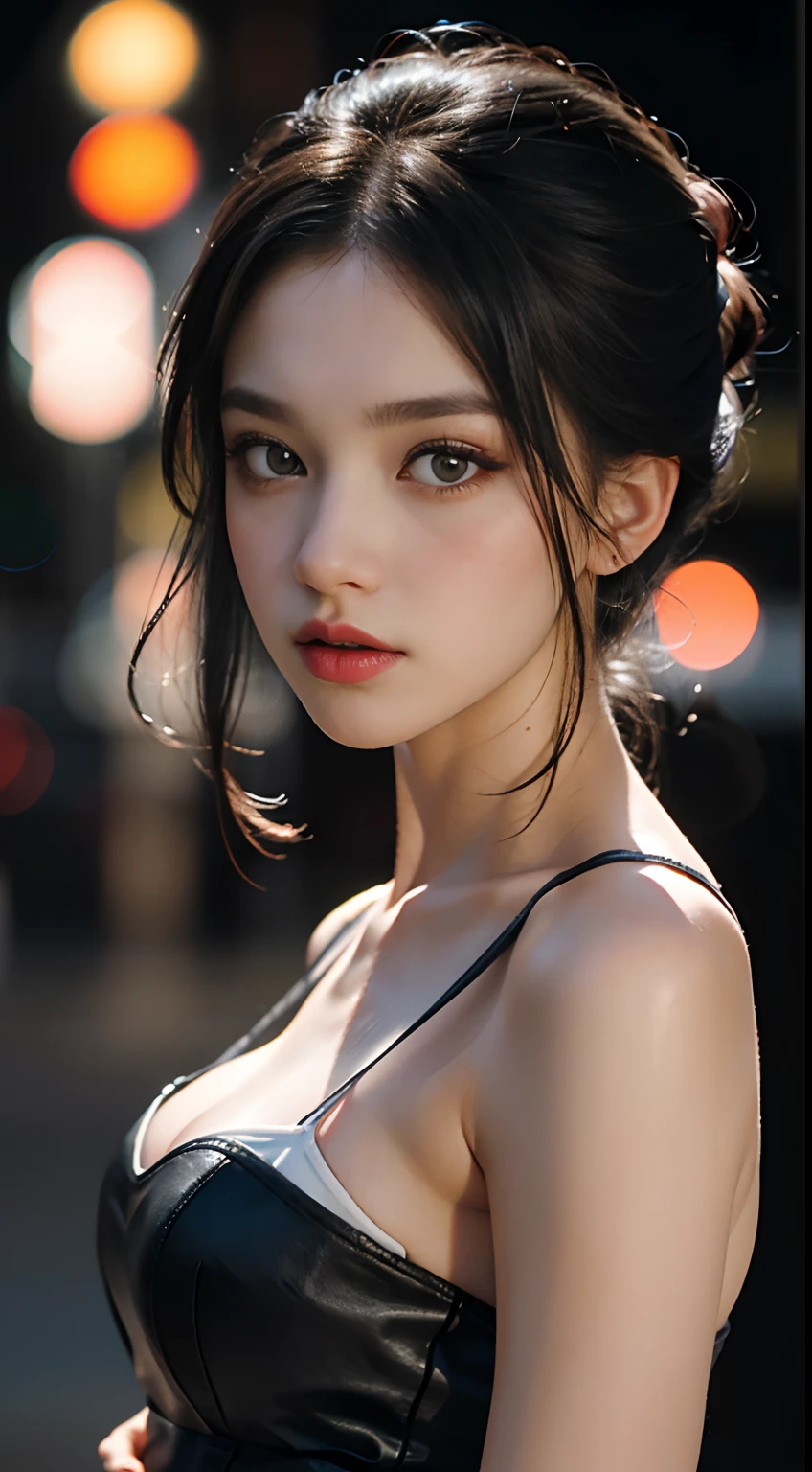 masterpiece, best quality, 8k, 85mm, raw photo, absurdres, award winning portrait, solo, violaceaess, gardeniass, delicate girl, upper body, idol face, night, neon, DSLR, looking at viewer, natural, candid, sophisticated, youthful, professional lighting, film grain, chromatic aberration, (bokeh:1.1)