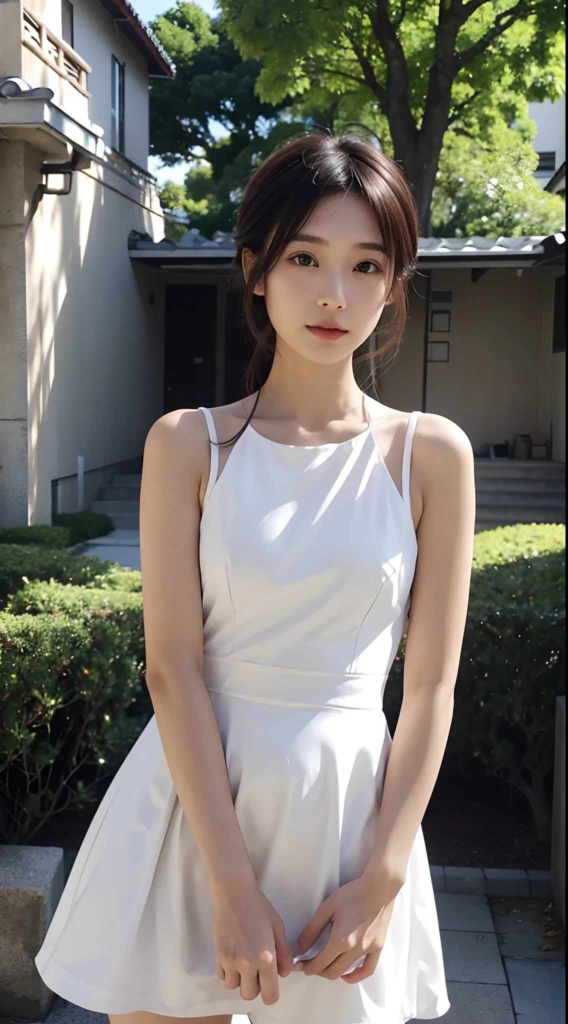 Best Quality, Masterpiece, Ultra High Resolution, 1girl, White Dress, Bare Shoulders, Field, Glowing Skin, Light Smile, Corolla, Asuka,