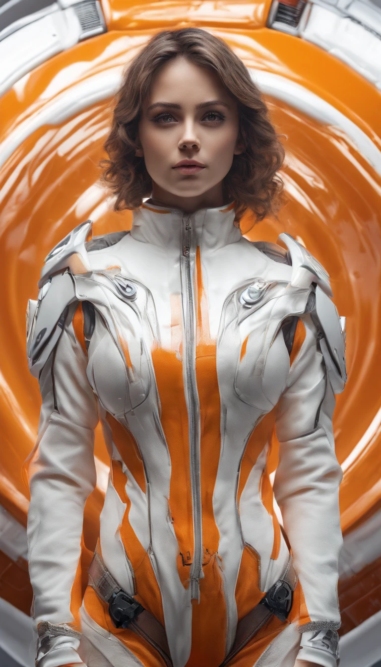 Very bright colors, Light particles, with light glowing, Mshiv, wallpaper art, UHD wallpaper,CGI artwork,inside in room,Exhibited,Catwalk,exhibit(Full body photo:1.4)Female mech, White background,Reflective floor,( Mirrored textured flooring: 1.0),(Close up: 1.0) (Dim tones: 1.5), lens_flare, (Don't look at the camera: 1.4) (looks away: 1.4) Solo (Full body shot: 1.0)Top light source.(orange and white color scheme:1.4)