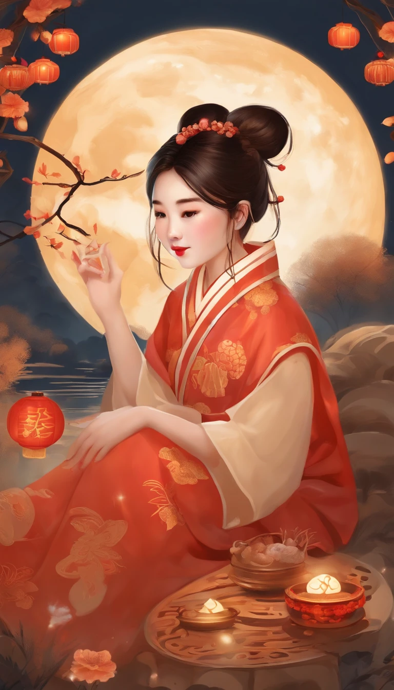 mid-autumn festival,A cute girl,Wear ancient Chinese clothing,Play with a rabbit next to the girl,Moon cake,Auspicious clouds,Behind a huge moon,warm color,abstract painting,Disney style,Clear contour lighting,rim-light,fanciful,spotlight lights,中景 the scene is