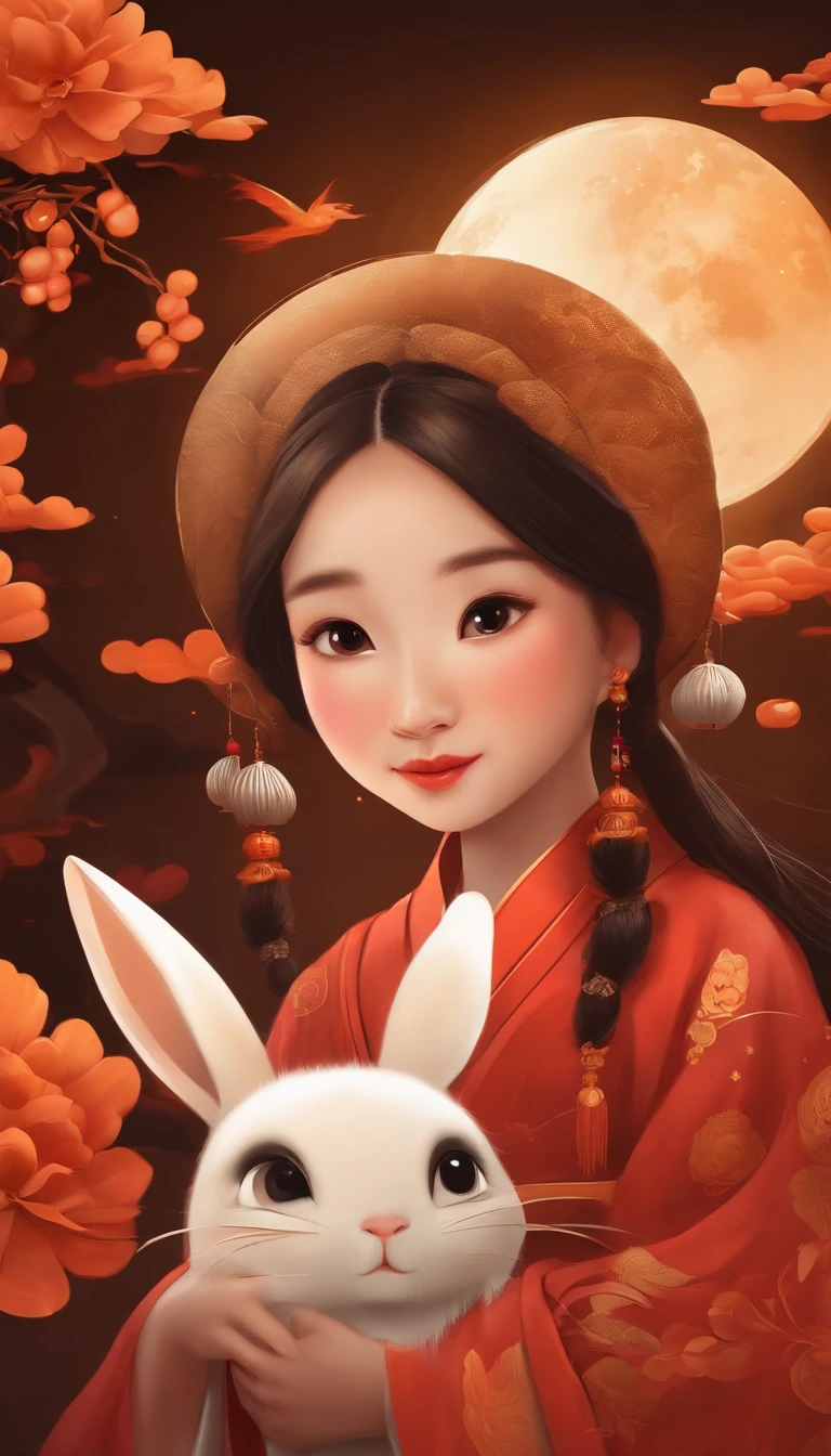 mid-autumn festival,A cute girl,Wear ancient Chinese clothing,Play with a rabbit next to the girl,Moon cake,Auspicious clouds,Behind a huge moon,warm color,abstract painting,Disney style,Clear contour lighting,rim-light,fanciful,spotlight lights,中景 the scene is