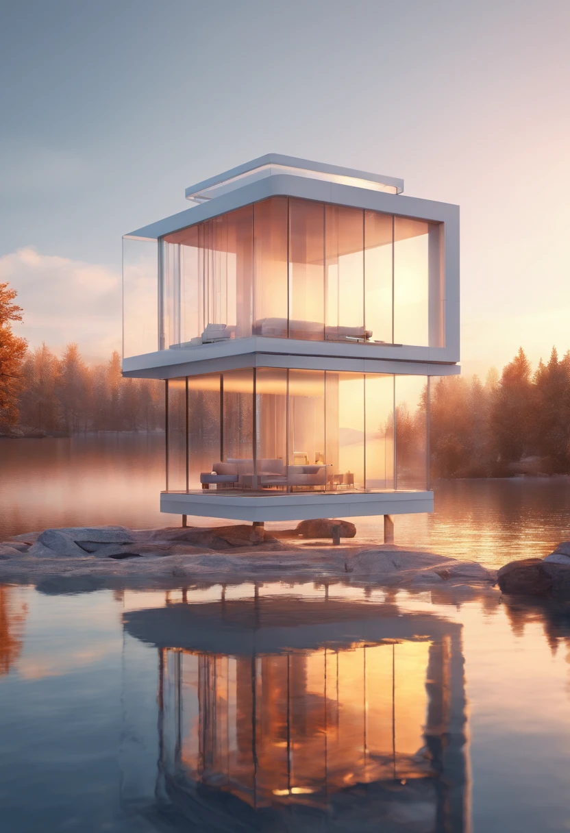 In the middle of the lake is a square glass house,Adopt the technology of the future,Pure white background 8k best