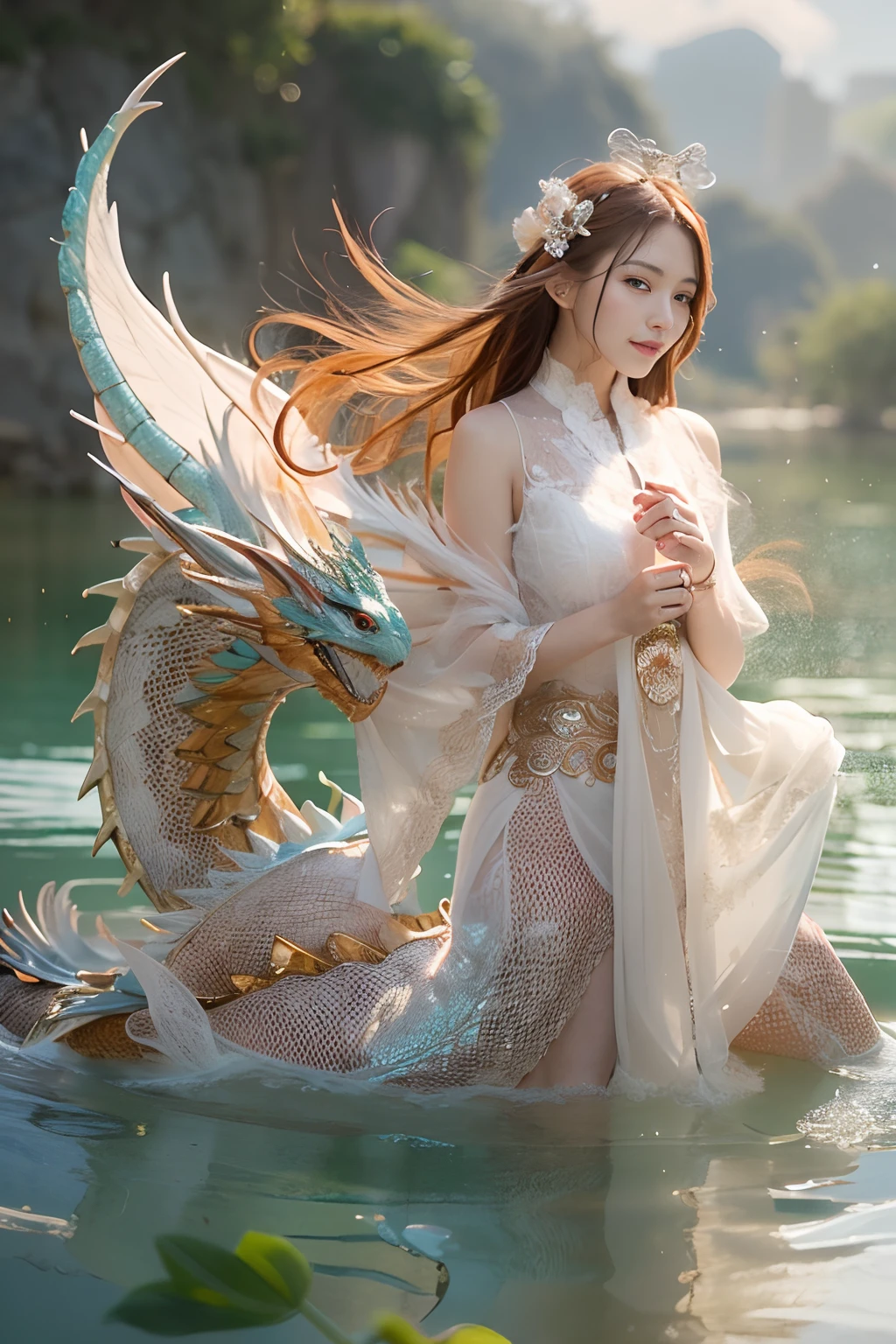 Dragons in Chinese mythology,(Portrait of an angel and a dragon god:1.3,)(Sheer and revealing white fluffy outfit:1.3, ),(Angel with glass wings floating above lake:1.3), (A glass dragon protects angels from behind:1.3),shiny light brown and orange striped hair,,Cute smile,Perfect round face,A cheerful smile that makes the viewer happy,Proper body proportion,masutepiece,Super high-quality output images,hight resolution,Intricate details,Hair fluttering in a very delicate and beautiful wind,photos realistic,Dreamy,Professional Lighting,realistic shadow,Beautiful hands,Beautiful fingers,Detailed finger features,detailed clothes features,Detailed hair features,detailed facial features,