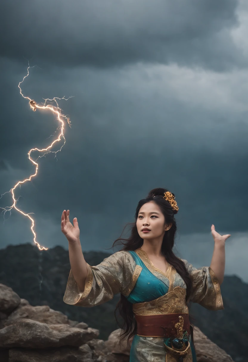 An ancient Asian goddess，Ancients，The upper body is human，The lower body is the body of a snake，Ancient mythology，（The body of the snake 1.4），Panorama Figures，Holding multicolored copper ore in hand，On the surface of the sea，The sky cracked，dark stormy clouds，Lightning，（（Ancient Chinese mythological figures）），Legendary