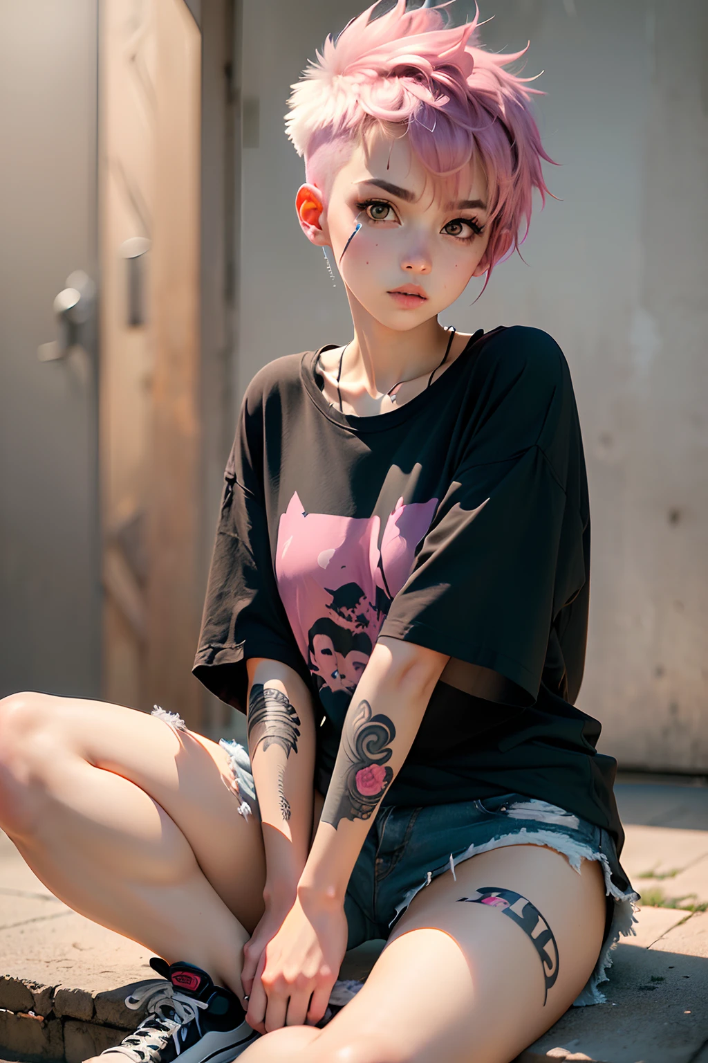 tomboy girl, pink short messy fade cut hair, emo, jugging pants, long big plain black t shirt(no print style, just plain), cute pose, tatoo, sit pose