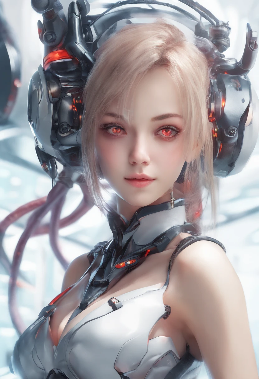 Highest image quality,Outstanding details,超高分辨率,(Fidelity:1.4),The best illustration,Favor the details,closeup cleavage,A mech girl,He has a delicate and beautiful face,((Red and white semi-mechanical body:1.8)),Raised sexy,cleavage,onbed,frontage,cyber punk perssonage,Futuristic,mechanically aesthetic,Complex machinery,The background is a high-tech lighting scene in the future city,Virtual Engine 5,Perfect detail rendering,rendering by octane,hyper HD