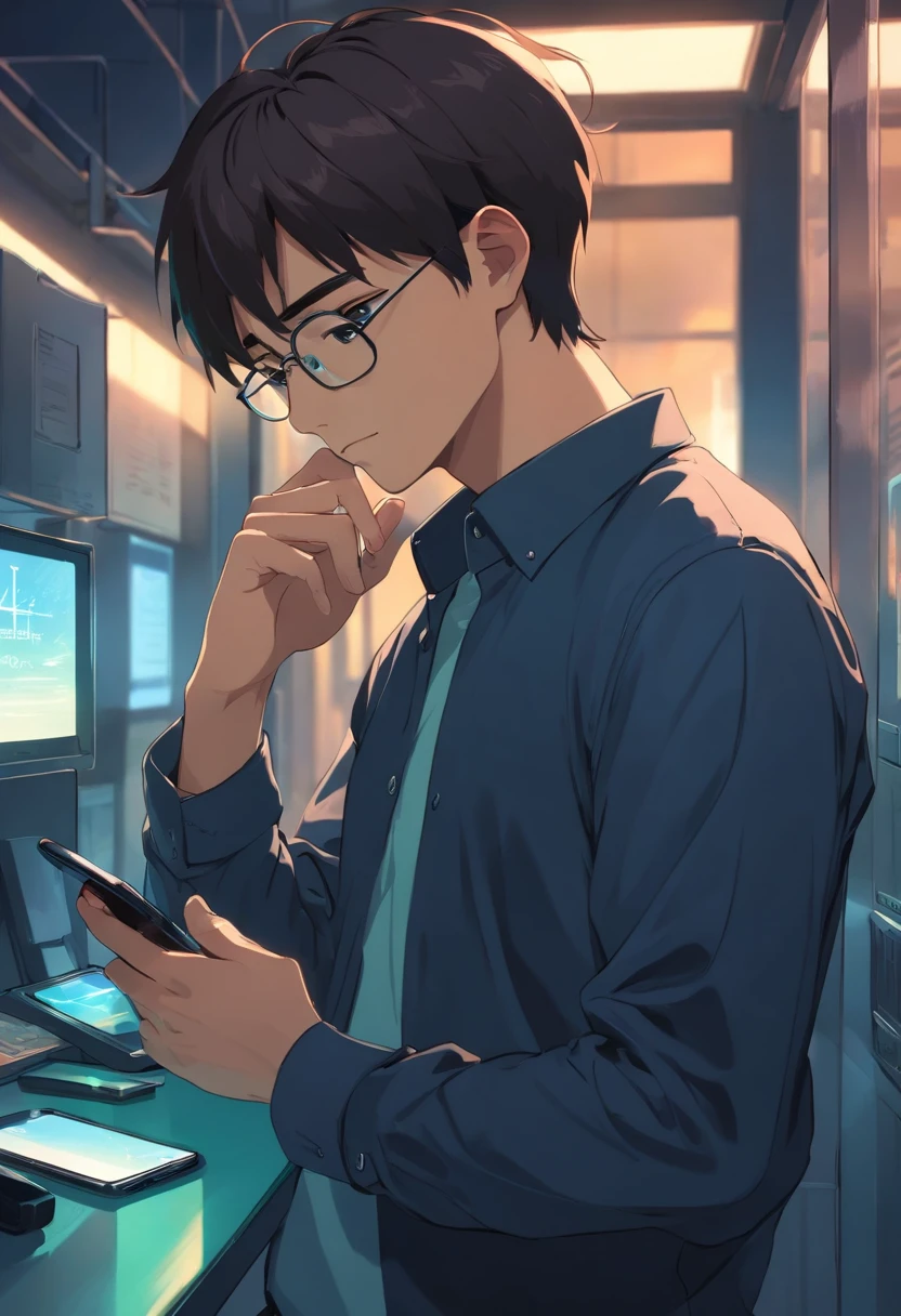 A man with glasses and a black shirt, holding a cell phone, pondering in an empty and godless atmosphere. The image is of the highest quality, with 8K resolution and ultra-detailed rendering. The man's glasses are sleek and modern, reflecting the surrounding environment with precision. His black shirt is well-fitted, accentuating his contemplative stance. The cell phone he holds is cutting-edge, with a sleek design and a vibrant screen display. The atmosphere is empty and devoid of any signs of life, giving a sense of isolation and introspection. The lighting is dim and mysterious, casting deep shadows and highlighting the man's concentrated expression. The color palette is dark and moody, with a hint of blue tones adding a somber atmosphere.