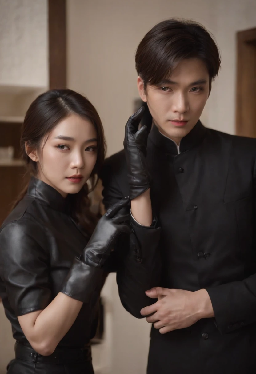 The shirt is also black、Wearing a black man's three-piece suit、Japan woman in black leather gloves