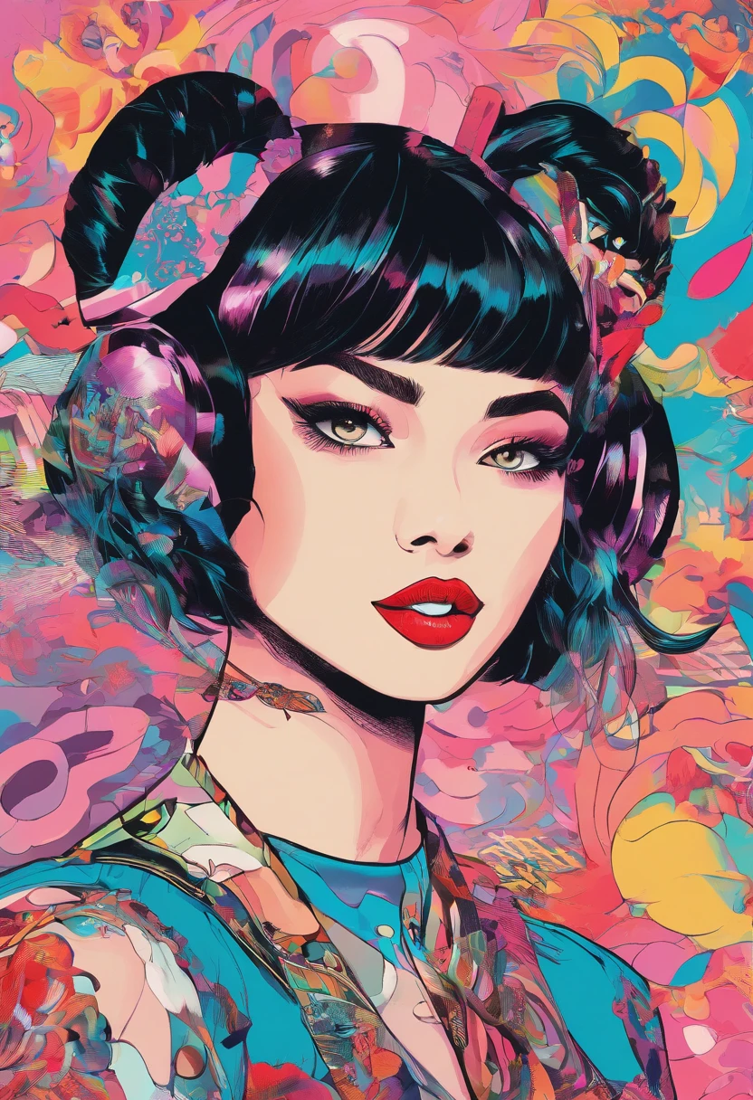 black hair, hair bobbles, wince, longeyelashes, solid circle eyes, fake animal ears, light smile, ear blush, fang, Surrealism, drop shadow, anaglyph, stereogram, tachi-e, pov, atmospheric perspective, American propaganda poster, 8k, super detail, ccurate, best quality