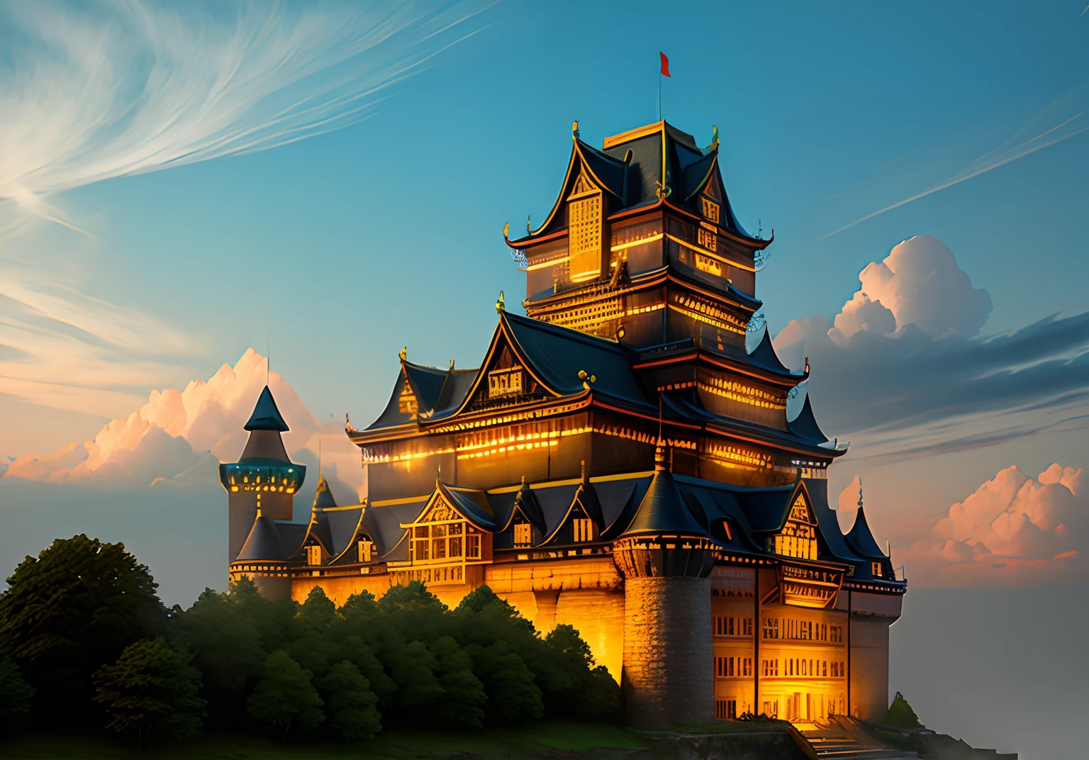 old castle,buliding,The lights are shining,Chinese Ancient Times,photorealestic,Realiy