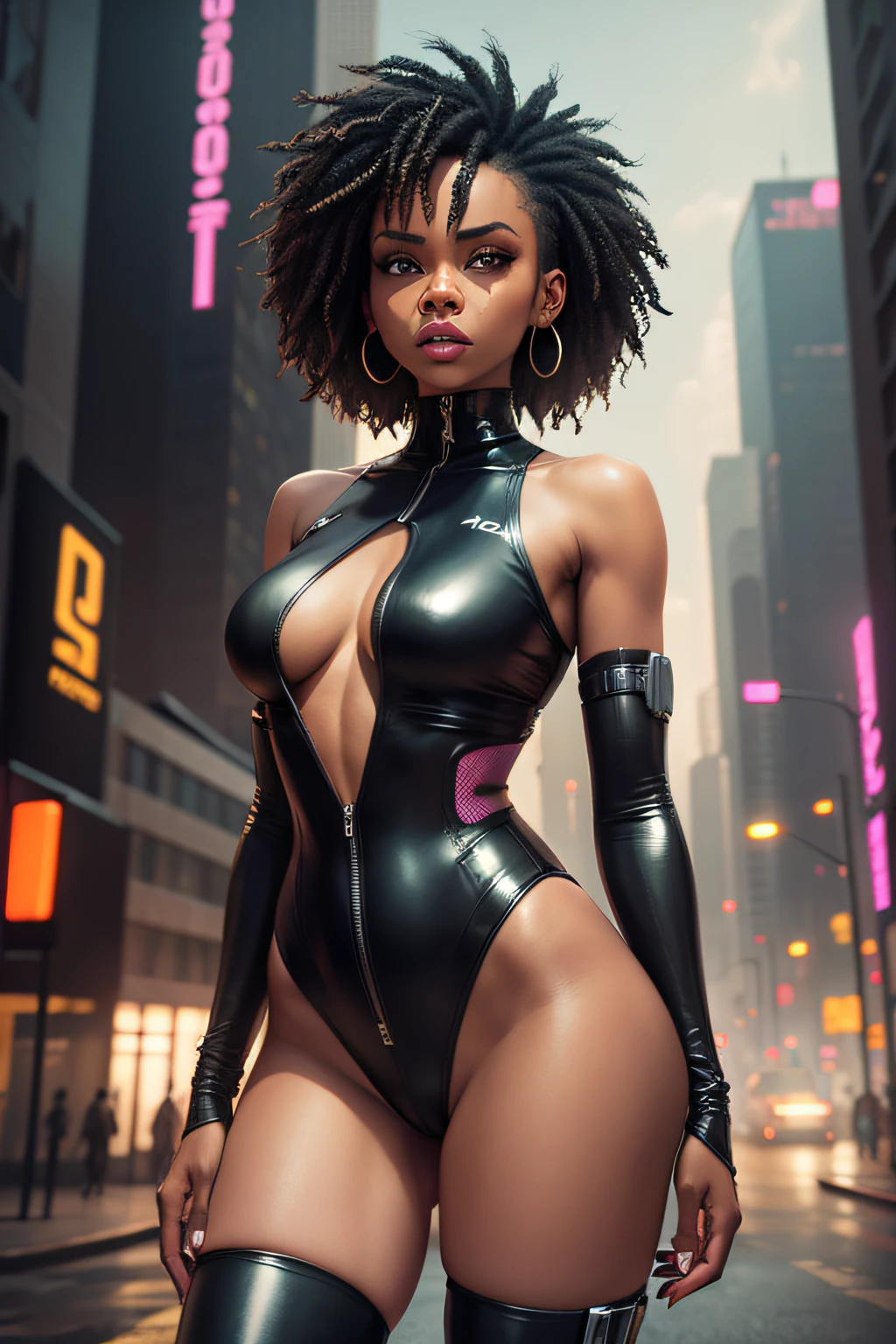 toned black woman cyberpunk outfit leotard city scape