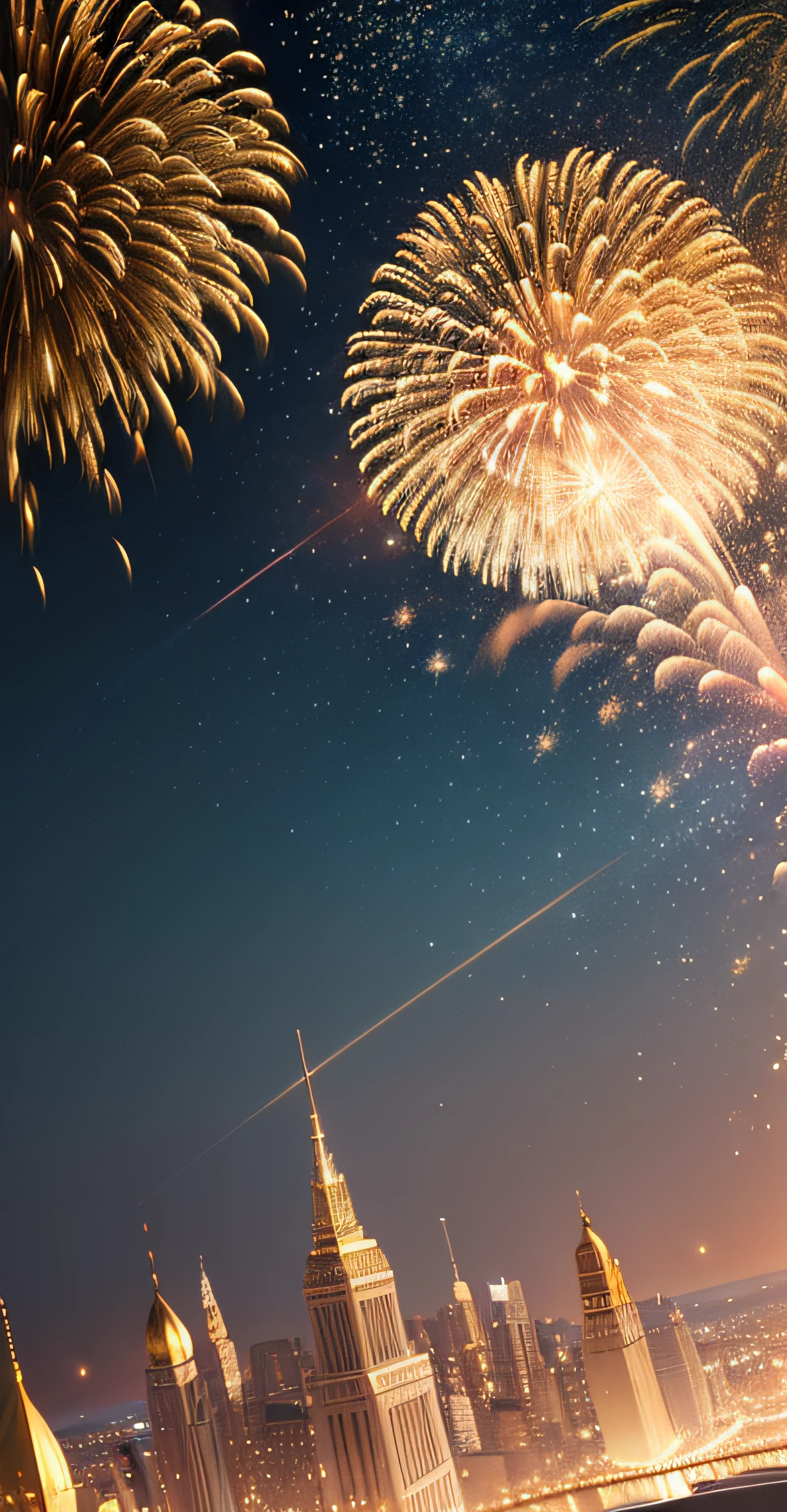 A golden, Sparkling celebration cards,Show beautiful fireworks close-ups on a bustling cityscape, Has a C4D OC rendering style. Golden cityscape in the background, There are stars and a full moon, And fireworks are a mix of bright colors. The design of the card is stylish and elegant, Gold metal finish adds a touch of luxury.There are no characters