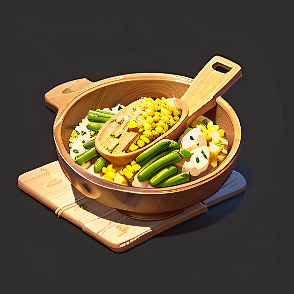 food,game icon,institute,Northeastern cuisine，Cuts of meat，potato chunks，Corn nuggets，Long beans，wooden bowl,black background,simple background