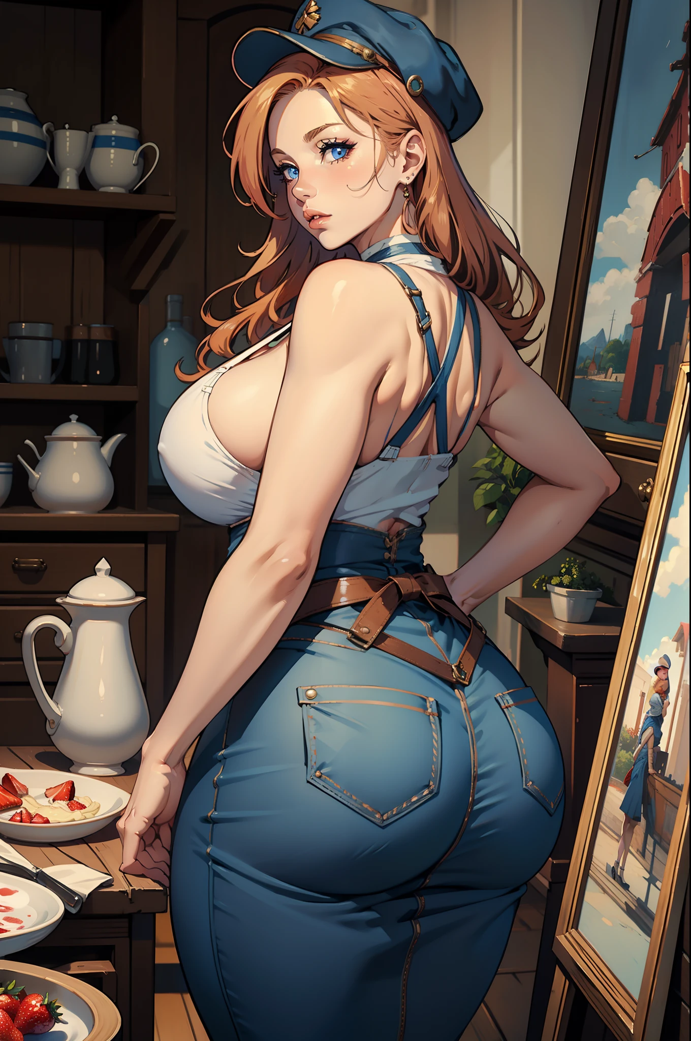 Best quality, solo mature woman, giant breasts, giant ass, very curvy, straight strawberry blonde hair, choker, dusty blue eyes, full lips, seductive, painter apron, painters hat