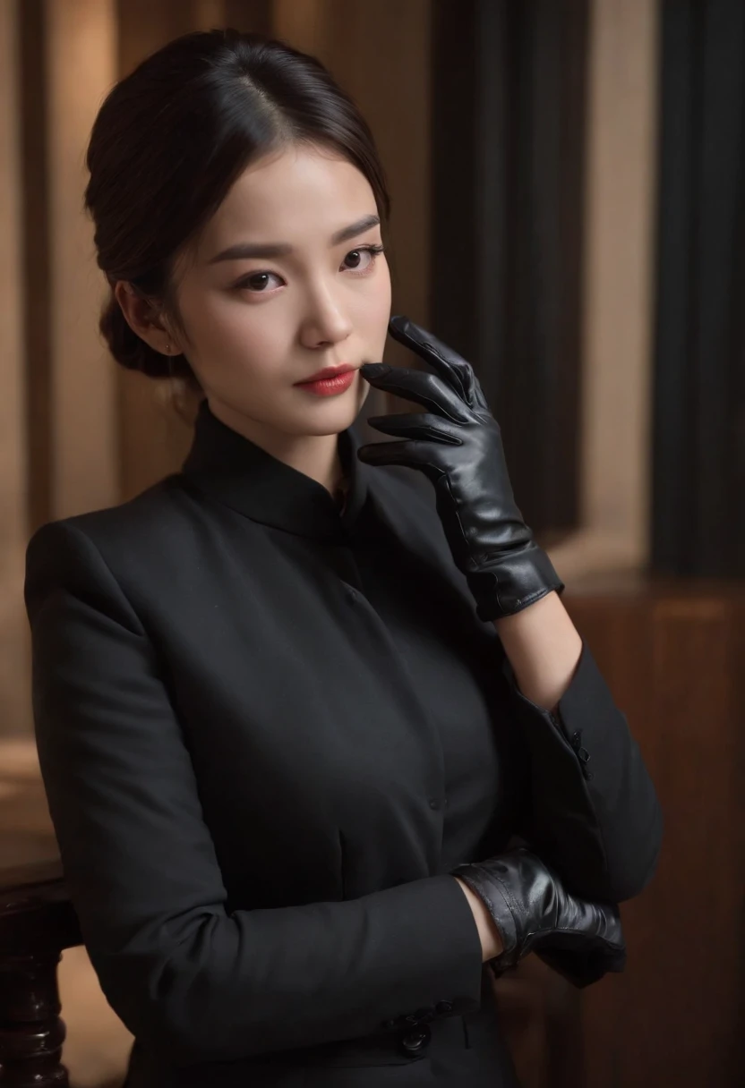 A woman wearing a men's three-piece suit with a black shirt, wearing black leather gloves in both hands, a Japanese girl, a dark hotel room