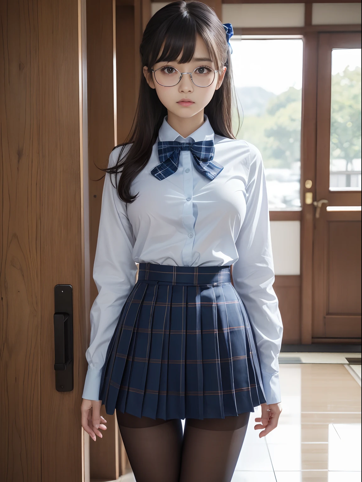 (Long ponytail),(Bra shows through and are visible),(8K、Raw photography、top-quality、masterpiece:1.2),glamor,Chromo-white skin,cocky,School,watching at viewers,Looking at the front,Muchimuchi,Erotic,Pupils,de pele branca,kne,Student Bag((Black pantyhose)),absurderes,a small face,small tits,flat breast,Parting the bangs from the middle、Forehead visible,(a cold expression,Tight eyes,glares,Bullish,skinny,Rasping,irate)、masterpiece,top-quality、超A high resolution,Raw photo,ren,Beautiful fece,One Person, 独奏,eye glass,,Dark look,Small breasts,fullllbody,Round glasses,JK school uniform,hi-school girl,A Japanese Lady,is standing,(Photorealsitic:1.37)、Photon mapping,Realistic、Beautie,Cute little face,Brown-eyed、Black socks、(Red bow tie)、Radio City、Physically Based Rendering、depth of fields、Blurry background、a picture,Body,beauty legs, Long legs, Thin leg,(Bangs are visible), hair, s lips, Blue_The eye, nosesoft,(Light blue shirt), (Navy and blue and white plaid pleated skirt), Knees are visible,Sheer clothing,, Thigh, Black cotton socks,Nogizaka Idol, 女優, Japanese ido