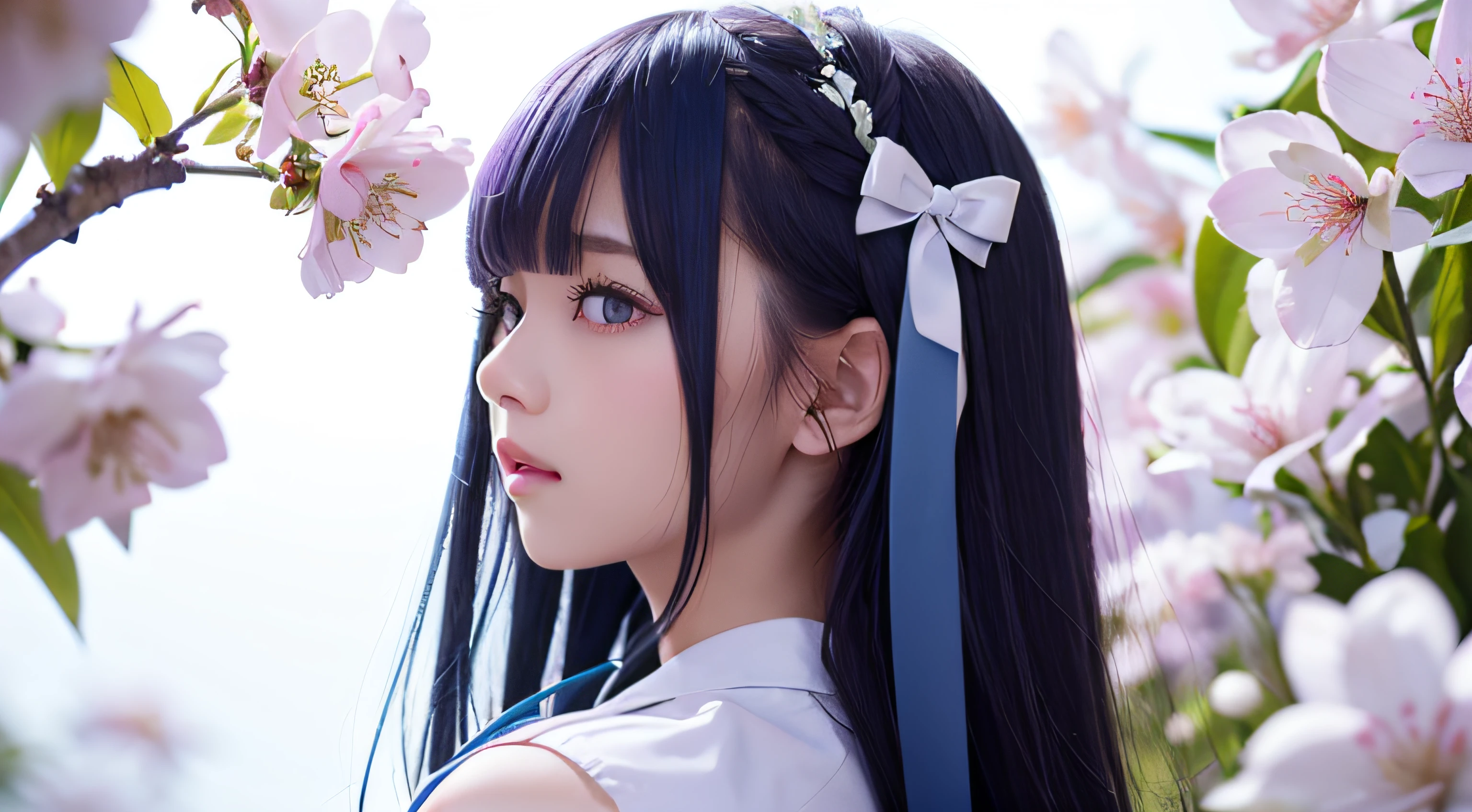 Best Quality, masutepiece, Extremely detailed, Detailed background, 1girl in, Solo, Long hair, flower, Blue hair, White background, pink flowers, Simple background, profile, Upper body, Shirt, White shirt, white blossoms, Bow, Bangs, Purple eyes, fronds, blush