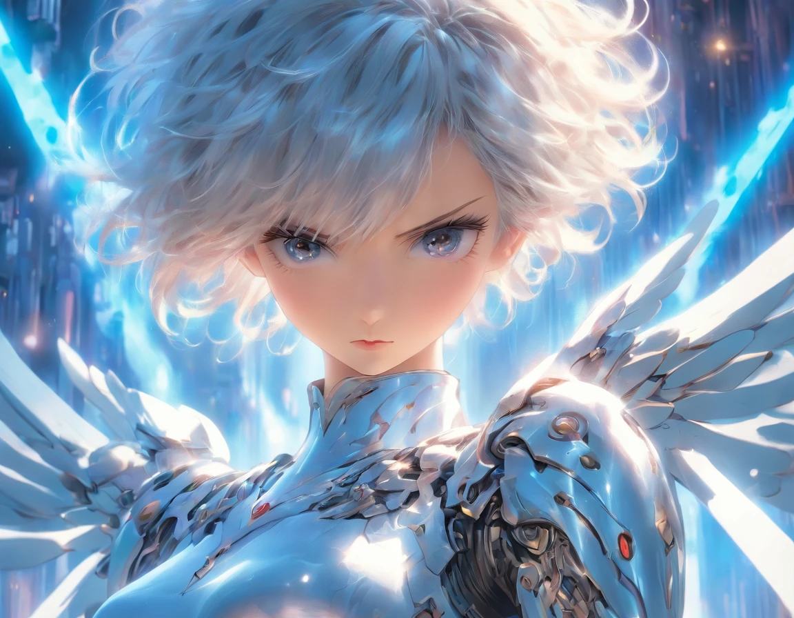 Girl with short-cut silver hair, Confident expression, Weapons of all kinds, born endlessly from the wings of a mechanised angel, swooning in a whitish pale blue dress.