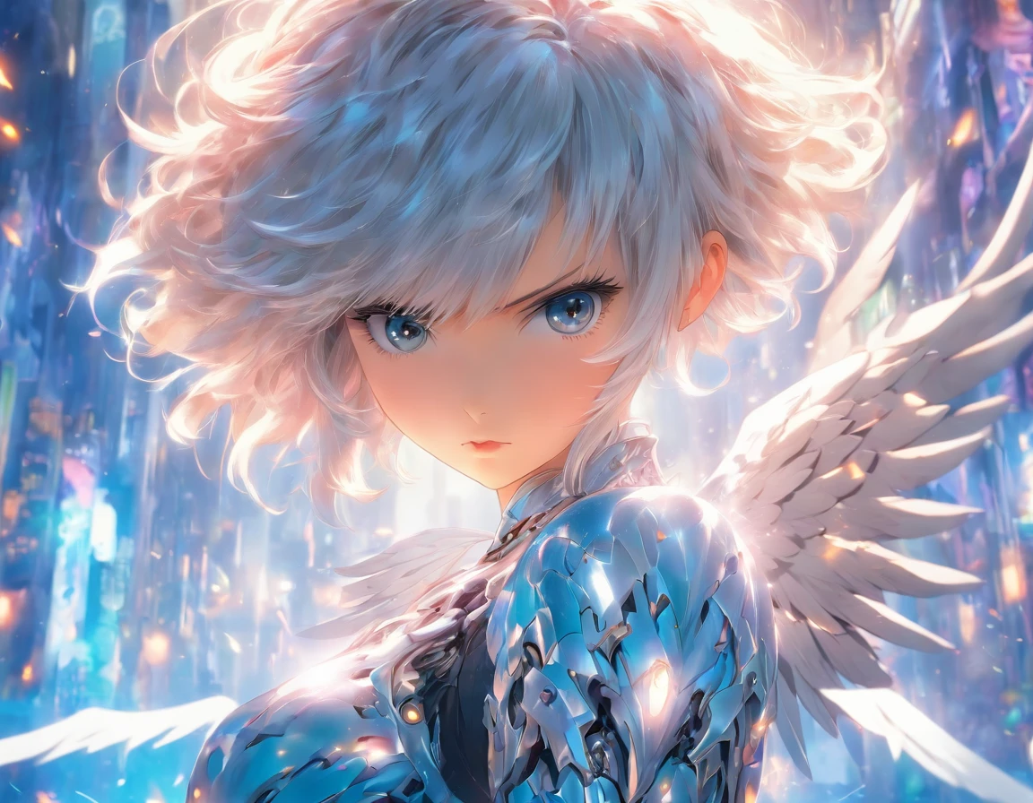 Girl with short-cut silver hair, Confident expression, Weapons of all kinds, born endlessly from the wings of a mechanised angel, swooning in a whitish pale blue dress.